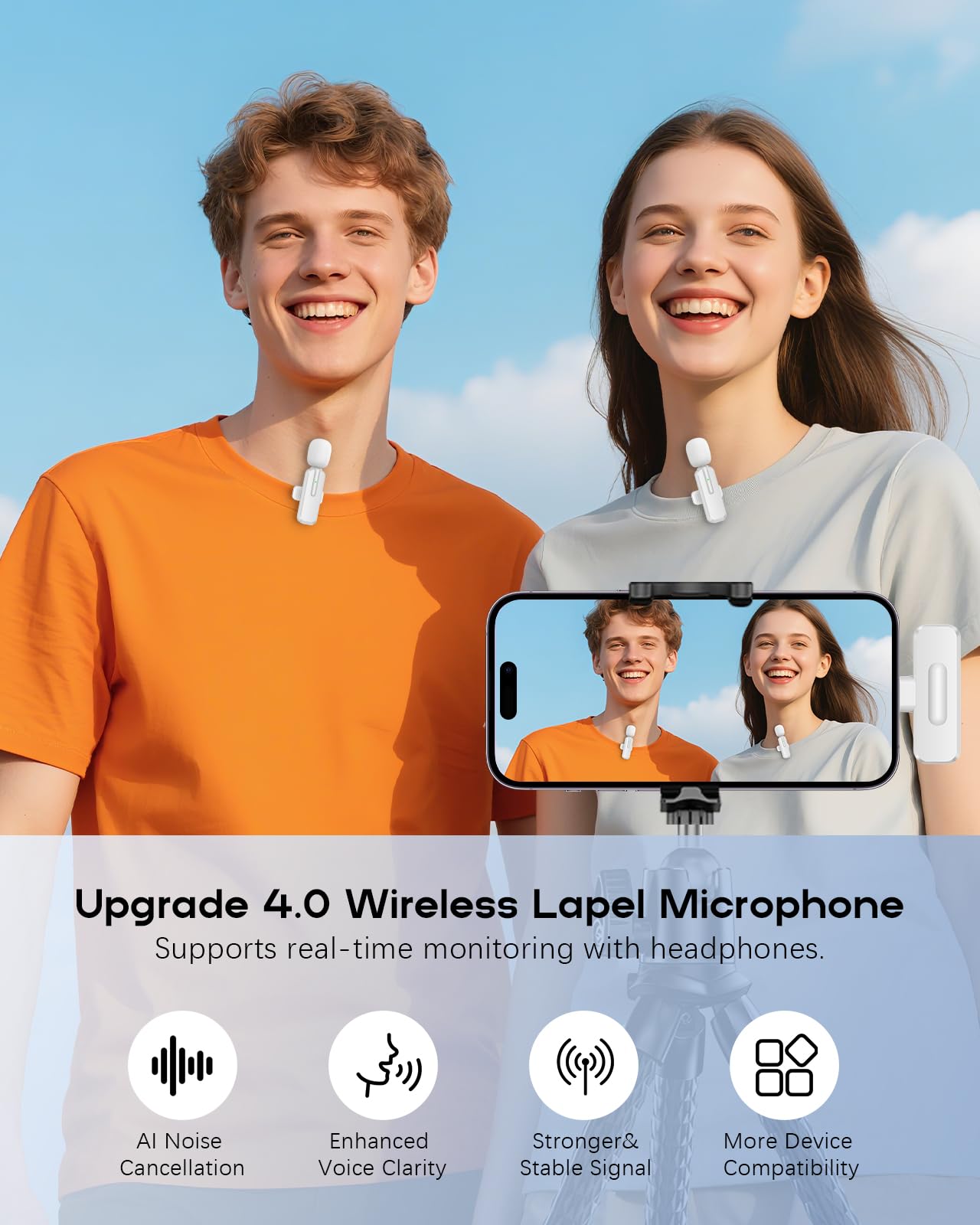 Mini micrófono inalámbrico para iPhone, paquete de 2 micrófonos Bluetooth Lavalier para grabación de video, micrófono de solapa 2 en 1 con reducción de ruido para iPad, Android, mini micrófono con