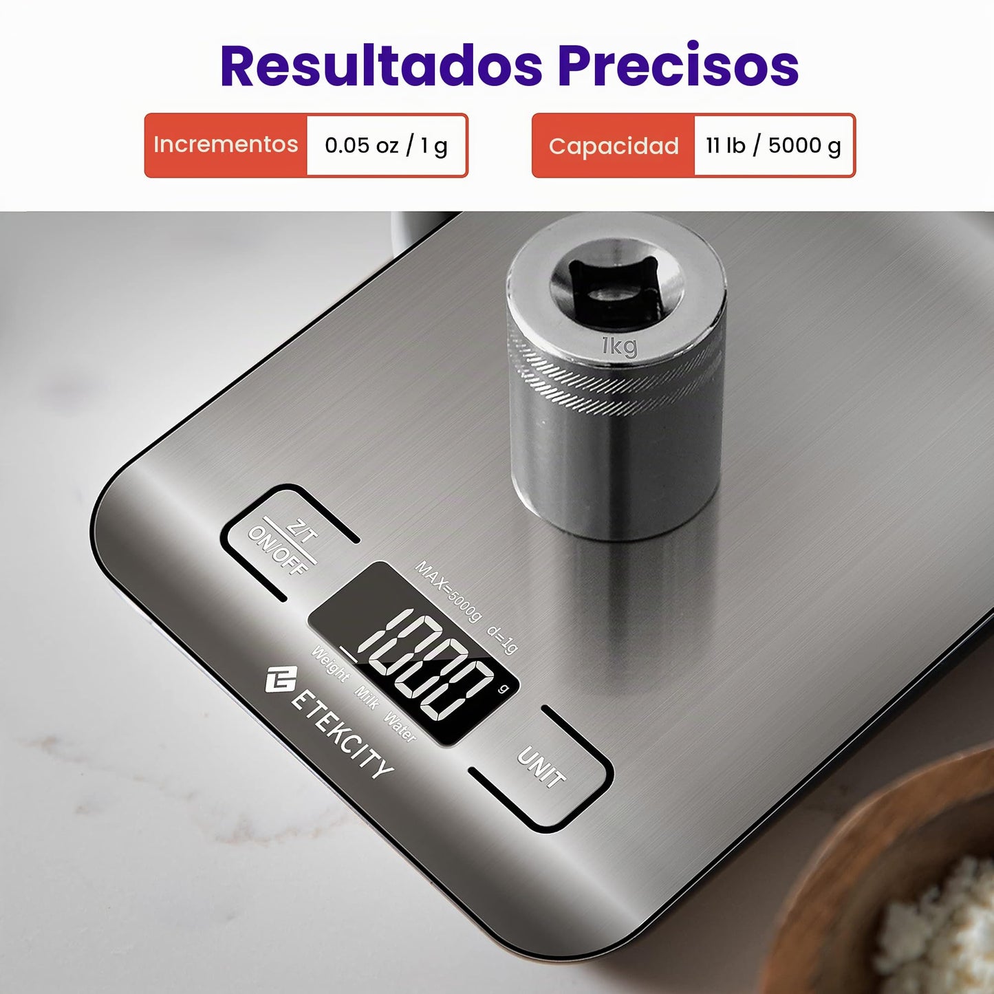 Etekcity Báscula de Cocina Digital de Acero Inoxidable, Balanza Cocina de Alta Precisión 5 kg/ 11 lbs