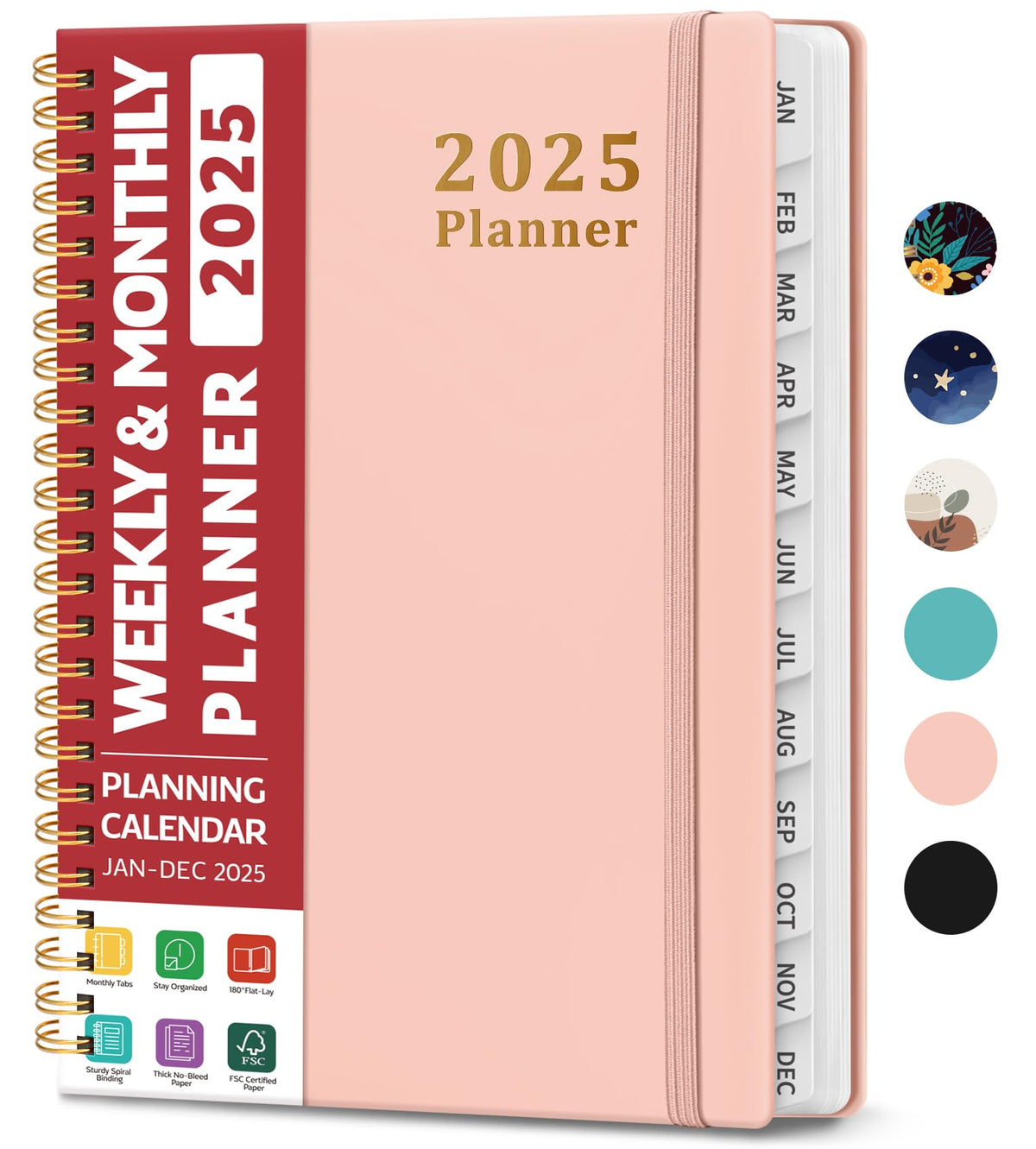 Agenda 2025 – Agenda semanal y mensual con espiral, enero de 2025 a diciembre de 2025, agenda 2025 de tapa dura con pestañas, bolsillo interior, perfecto para suministros escolares de oficina, hogar