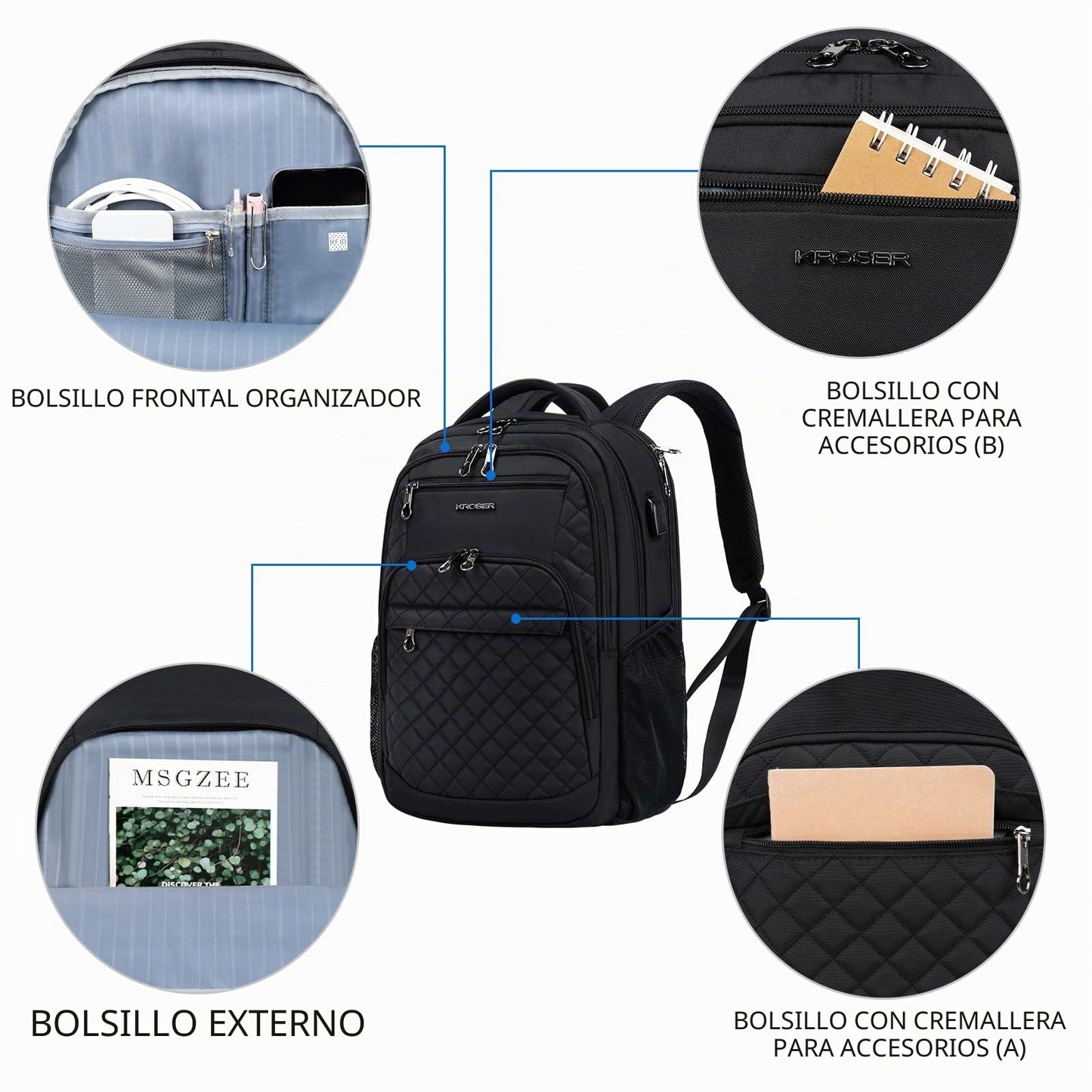 KROSER Mochila de viaje para portátil, Acolchado, negro, 43,18 cm, Mochilas Daypack