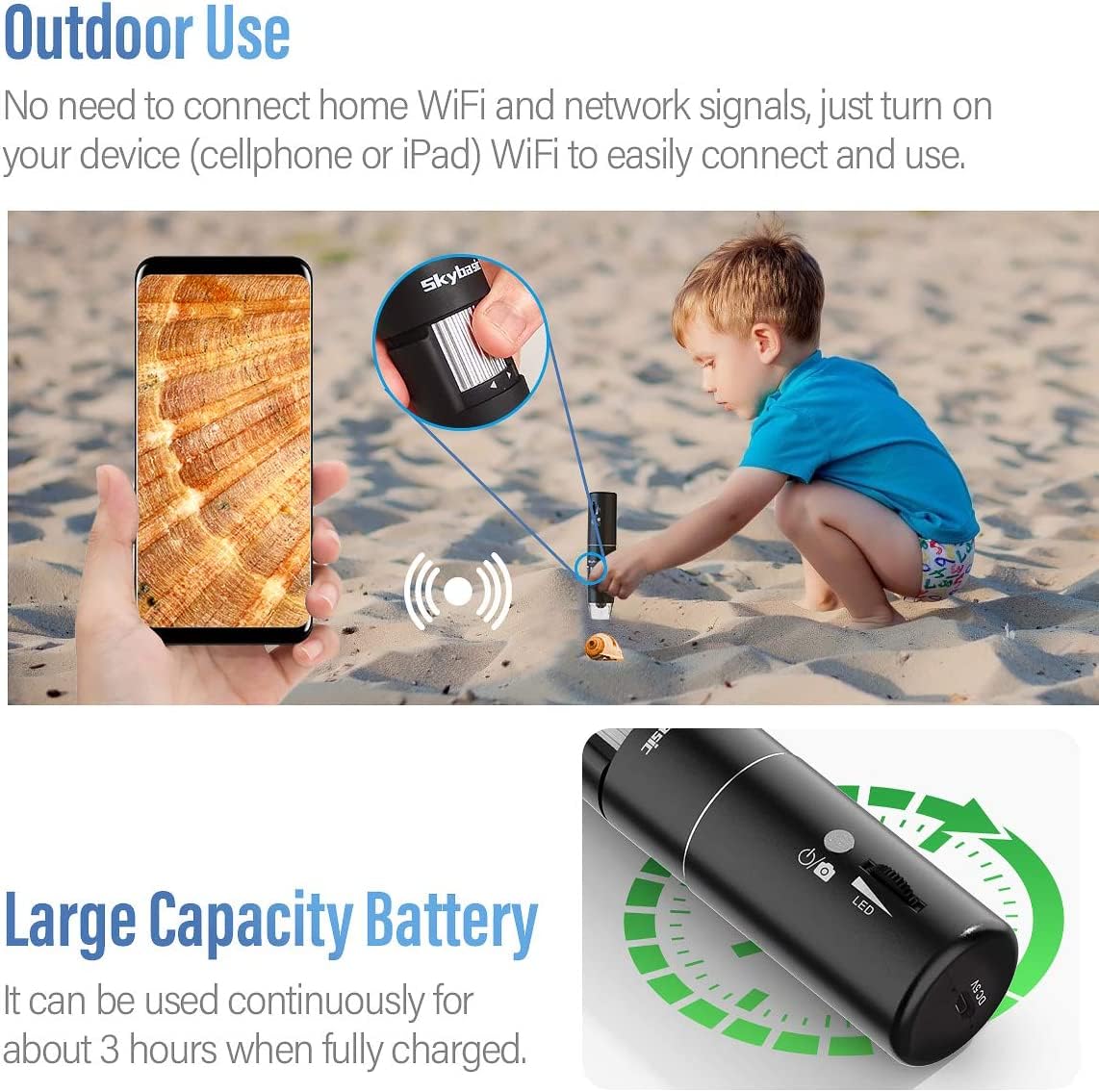 Microscopio Digital WiFi, microscopio Skybasic con Aumento de 50X a 1000X 1080P, microscopio Digital portátil con 8 LED para Android e iOS, Windows Mac
