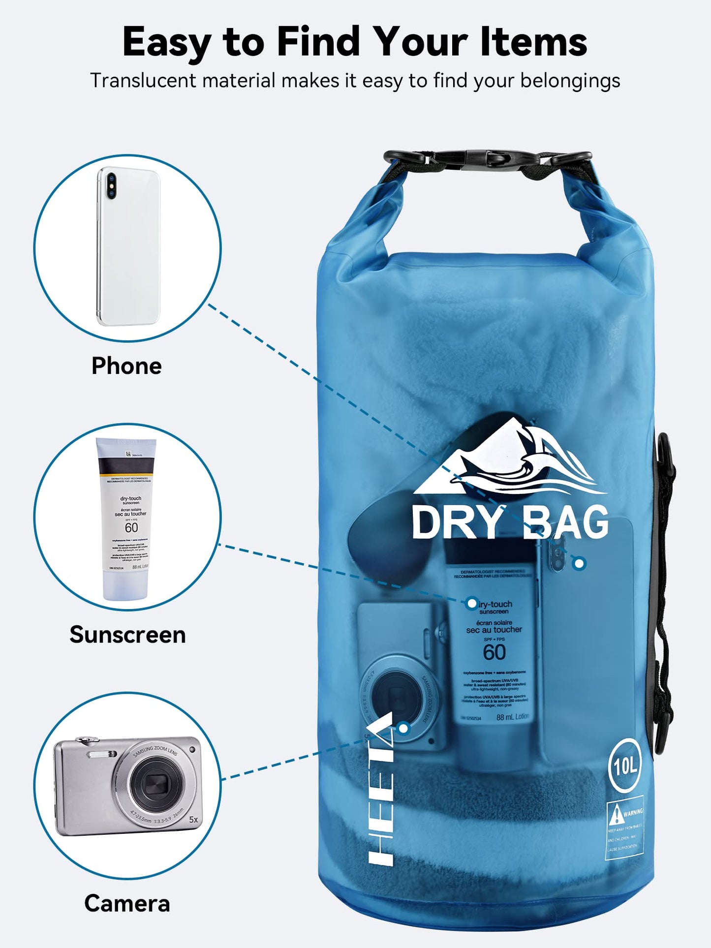 HEETA Bolsa Seca Impermeable para Mujeres y Hombres, Blue, L, Mochila, Viaje