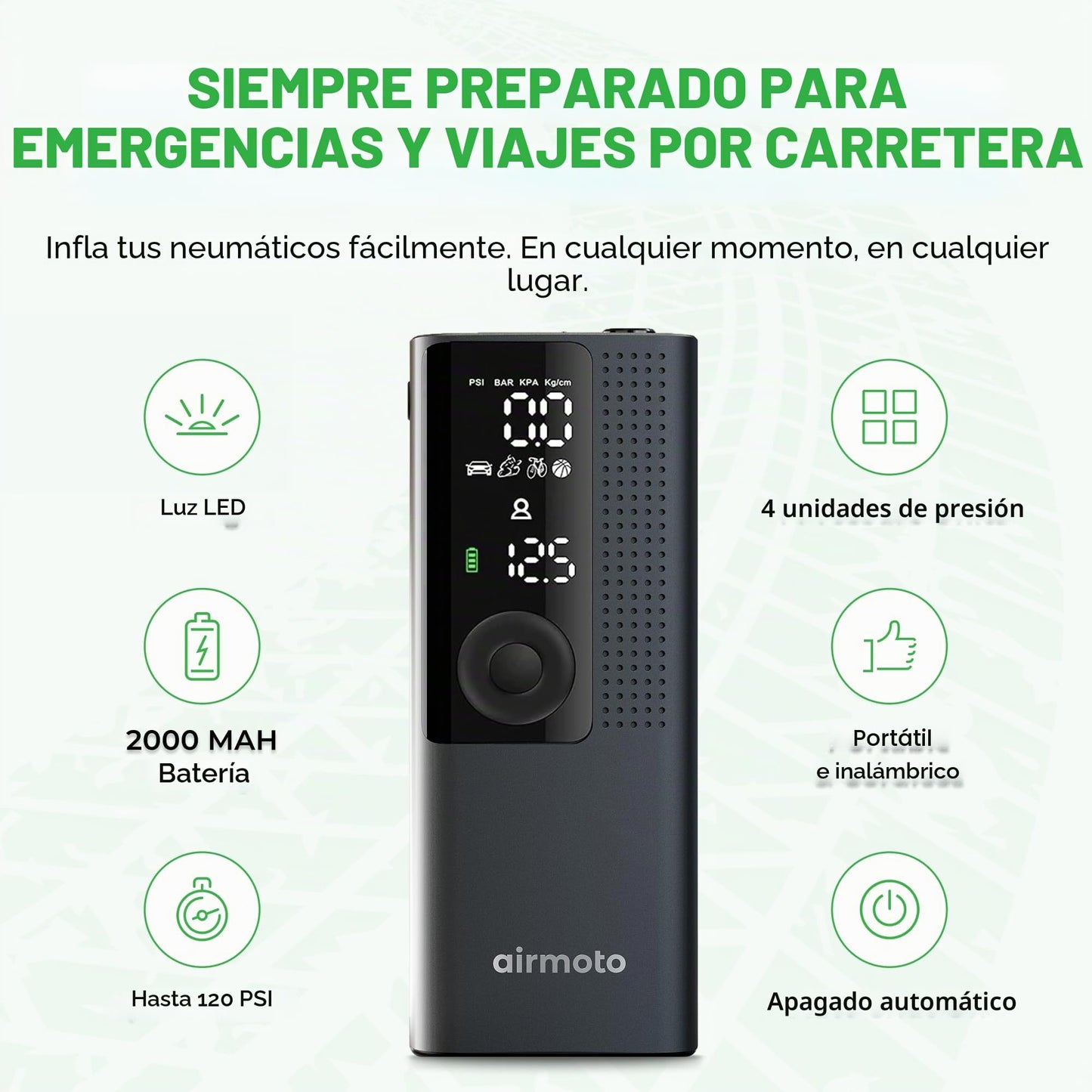 Airmoto La bomba de aire portátil original, 120 PSI compresor de aire inflador de neumáticos – se adapta a neumáticos de coche, camión y motocicleta – Medidor de presión digital, bomba compacta