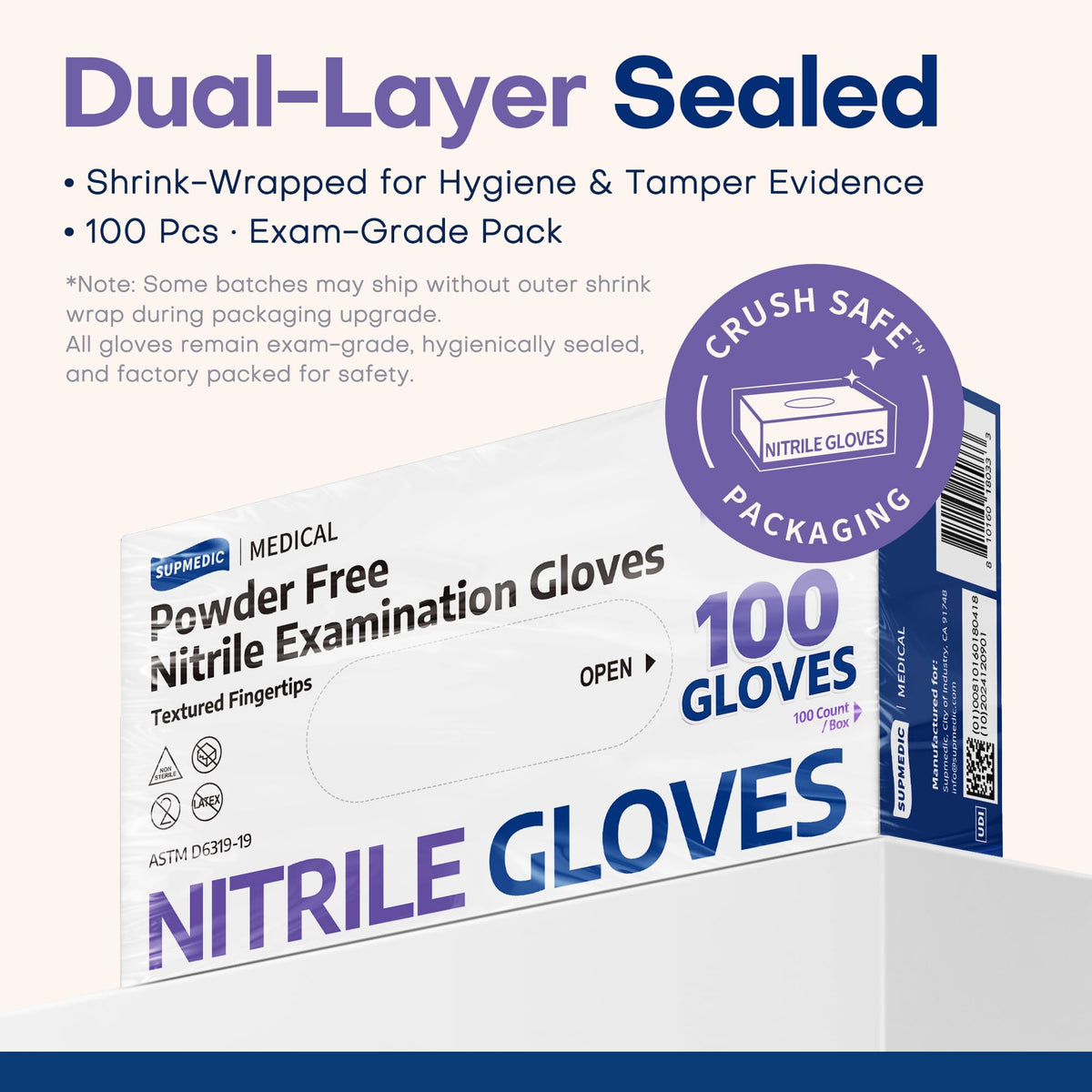 Supmedic Guantes médicos desechables de nitrilo de 3.5 mil, sin polvo, sin látex, caja de 100 (morado) (mediano)