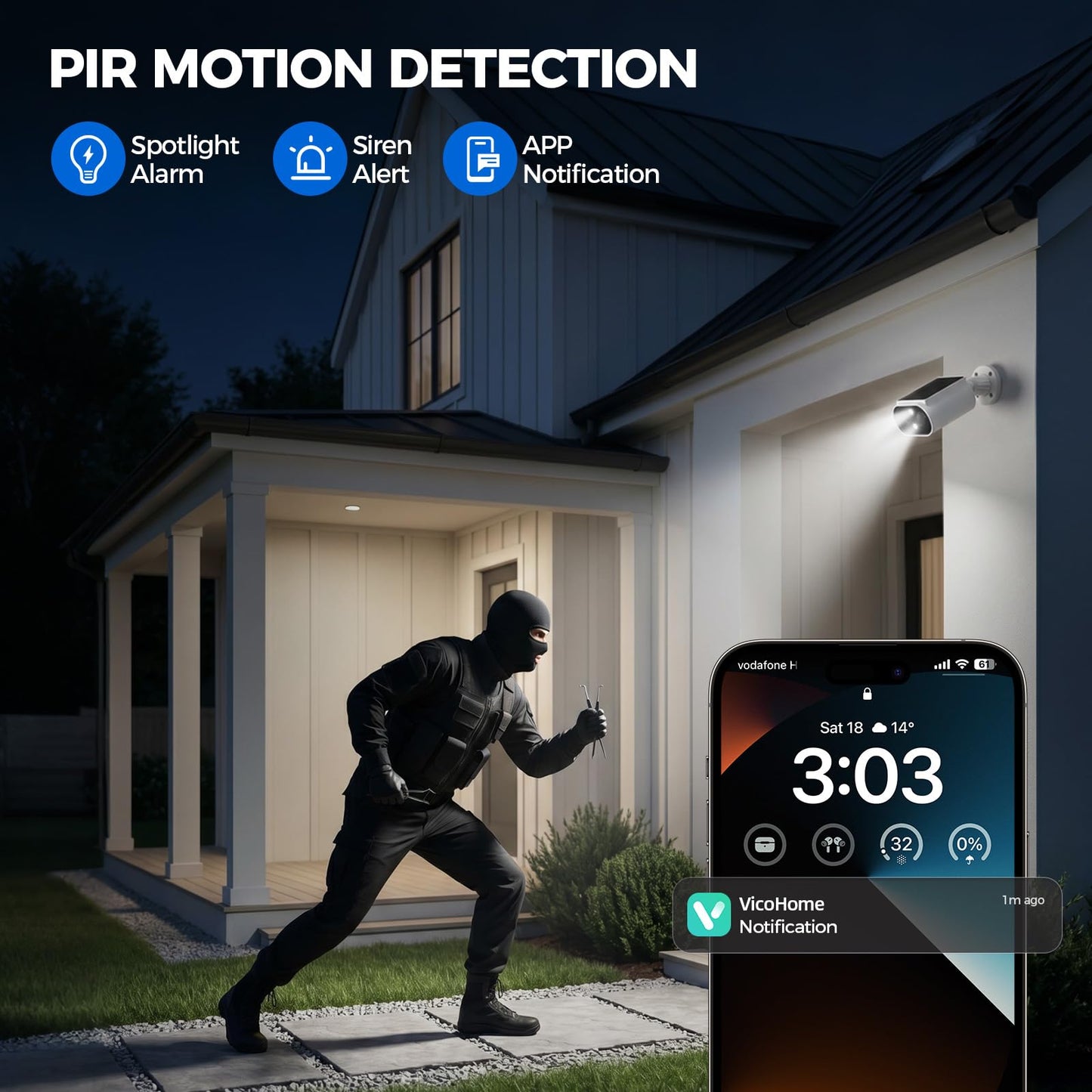 AlkiVision Cámaras de seguridad solares inalámbricas para exteriores, cámaras de visión nocturna a color 2K para seguridad del hogar, detección de movimiento IA, visión de 360°, foco, audio