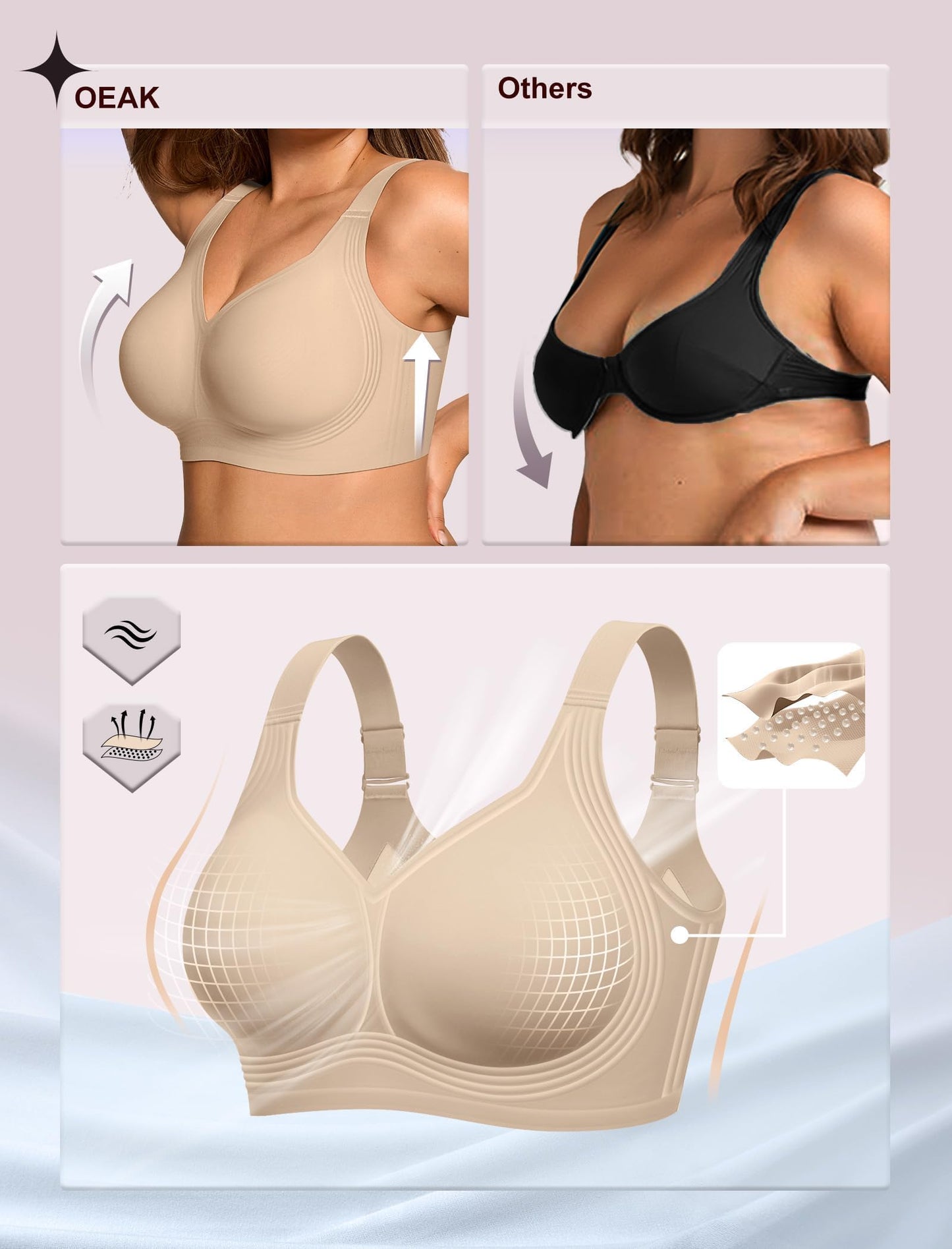 OEAK Brasier sin aros para mujer, talla grande, sin costuras, cobertura completa, push up, cómodo, sin aros, Creamy Beige, X-Large