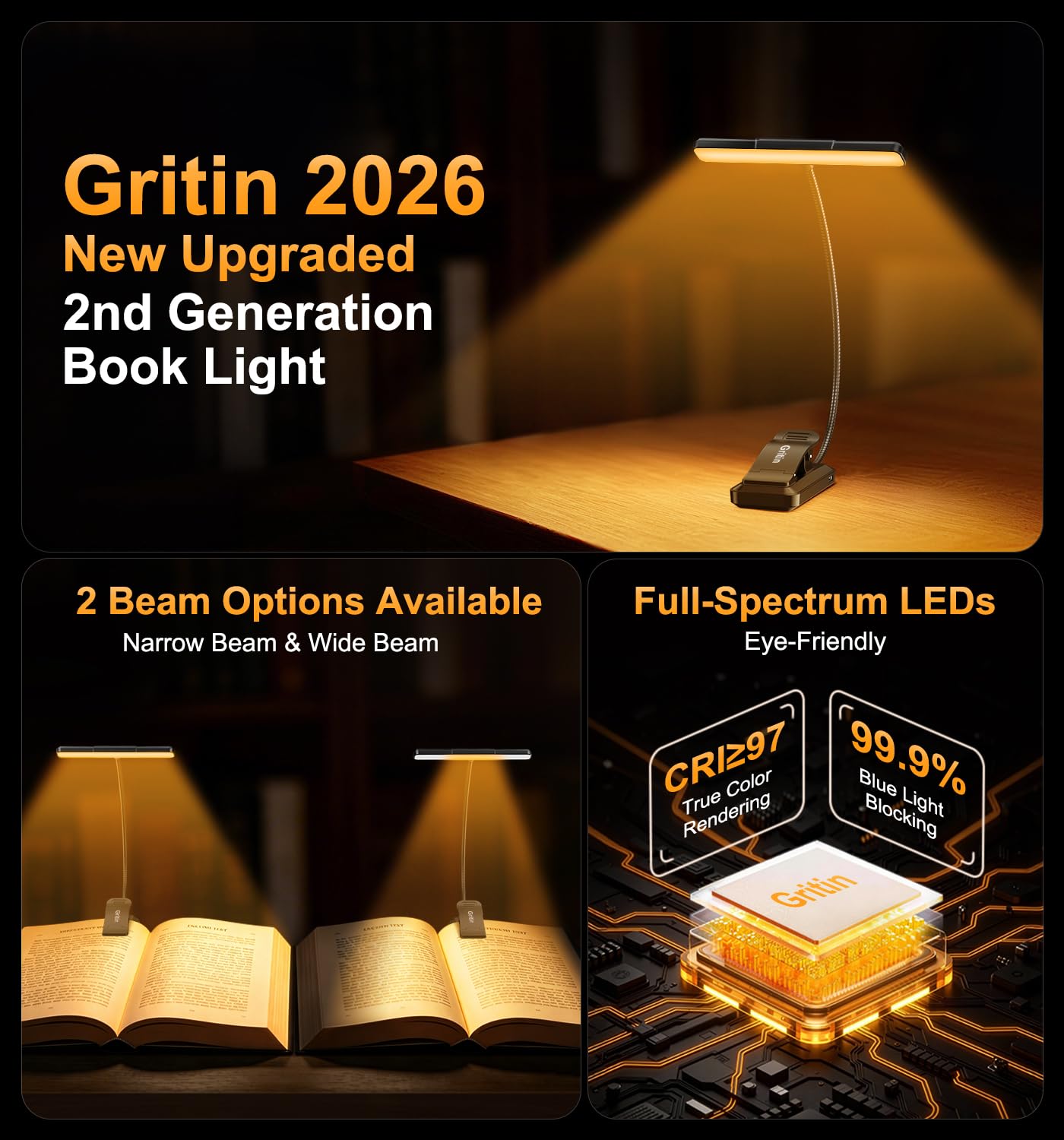 Gritin 2026 Gen 2 Luz Lectura Recargable, 32 LED de Espectro Completo para Protección Ocular, 5 Colores y 5 Niveles de Brillo, Ajustable Haz Ancho/Estrecho, Batería Larga Duración Ideal para leer