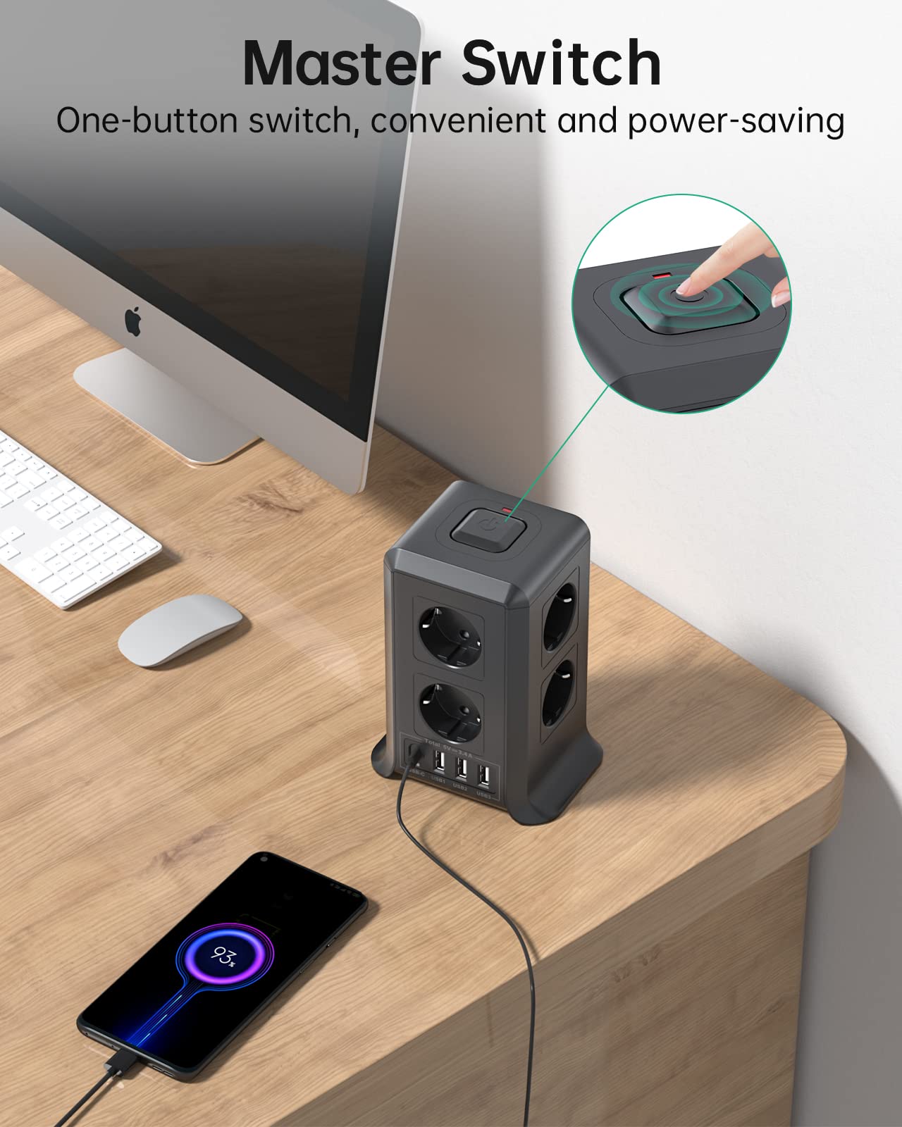 Torre Regletas Enchufes, Regleta USB 8 Tomas de AC y 4 USB Enchufe Multiple,Regleta Enchufes Proteccion Sobretension, 2 M Regreltas Vertical con Interruptor para Mesa, Oficia, Casa, Negro