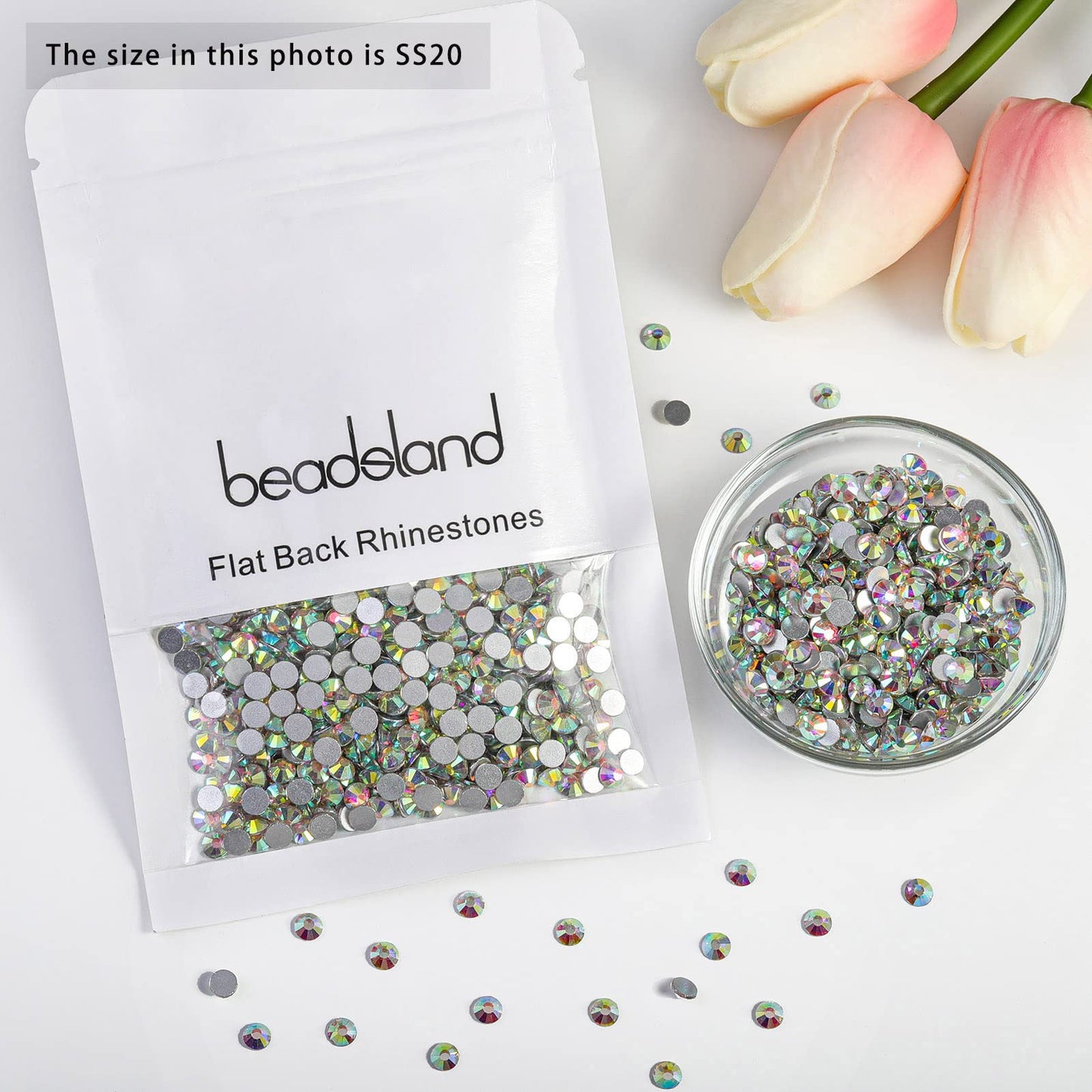 Beadsland 1440 Piezas de Diamantes de imitación de Cristal con Parte Trasera Plana,Gemas Redondas para Arte de uñas y Manualidades,Cristal Blanco AB,SS20,4.6-4.8 mm