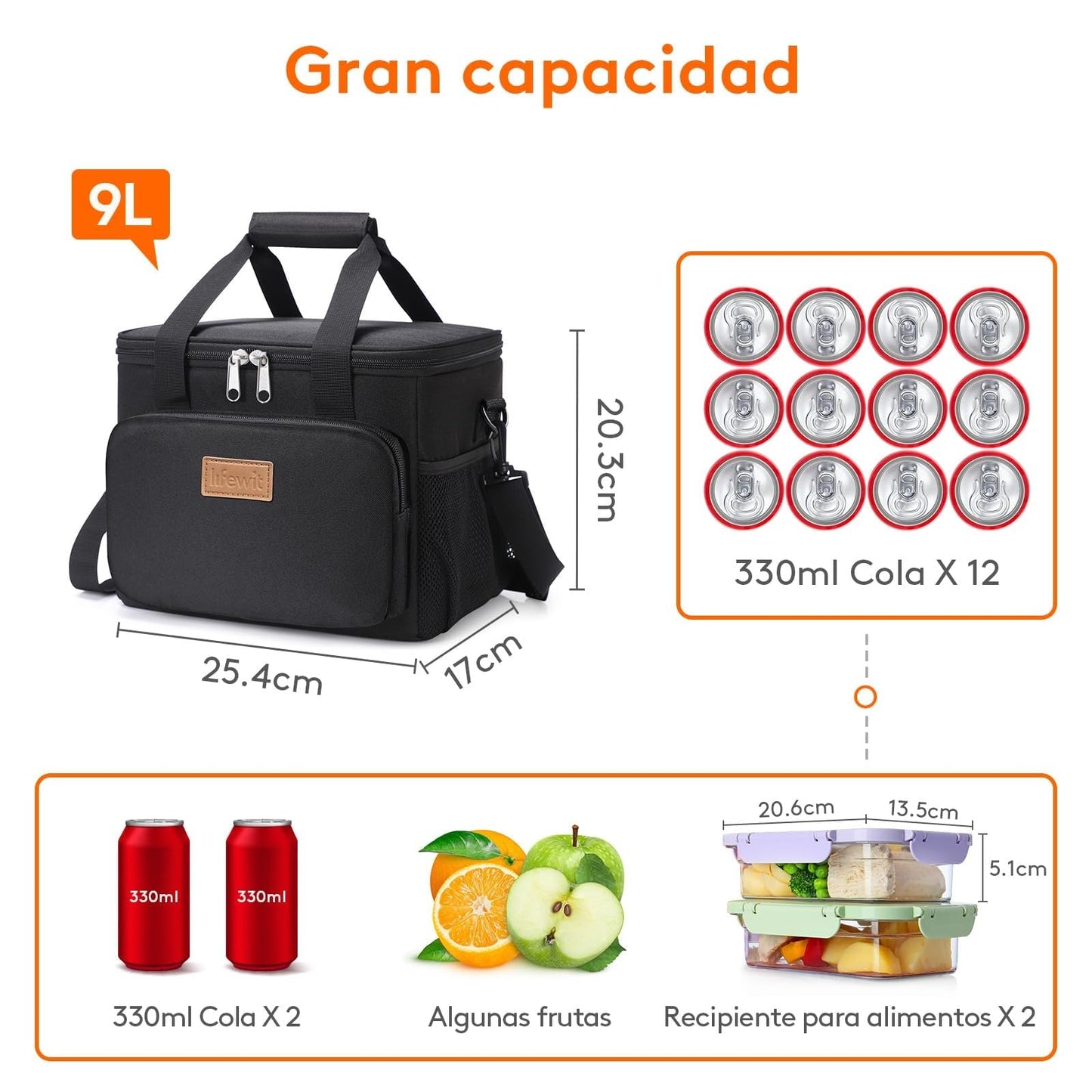 Lifewit Bolsa Termica Porta Alimentos 9L(12 Latas), Bolso Comida Trabajo Hombre y Mujer, Lunch Bag para Lonchera, Medio Bolsas Nevera Portatil para Playa, Viaje, Work, Negro