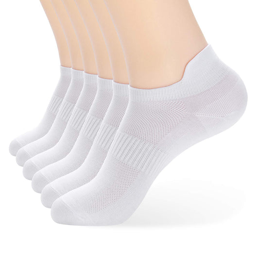 ATBITER - Calcetines tobilleros para mujer y hombre, finos, atléticos, para correr, corte bajo, invisibles, con lengüeta en el talón, pares de tallas 38-43, 6 pares, color blanco., 7-9