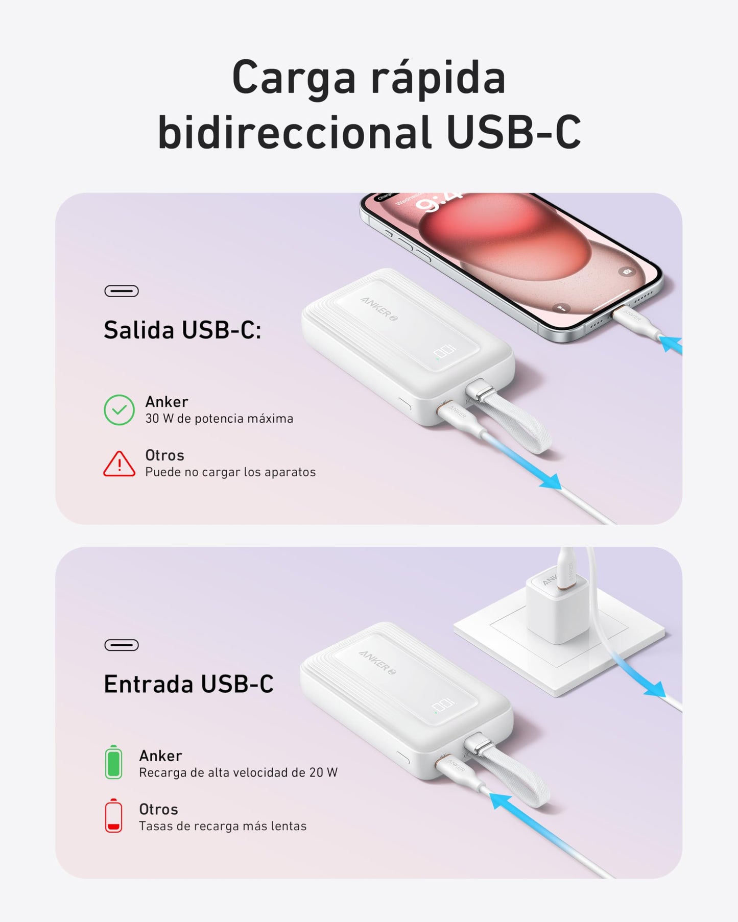 Anker Zolo Power Bank, Cargador Portátil de Alta Velocidad de 10000mAh 30W con Cable USB-C Integrado, 1 USB-C & A, Batería para iPhone 17/16/15/14/13, MacBook, Galaxy, iPad y Más