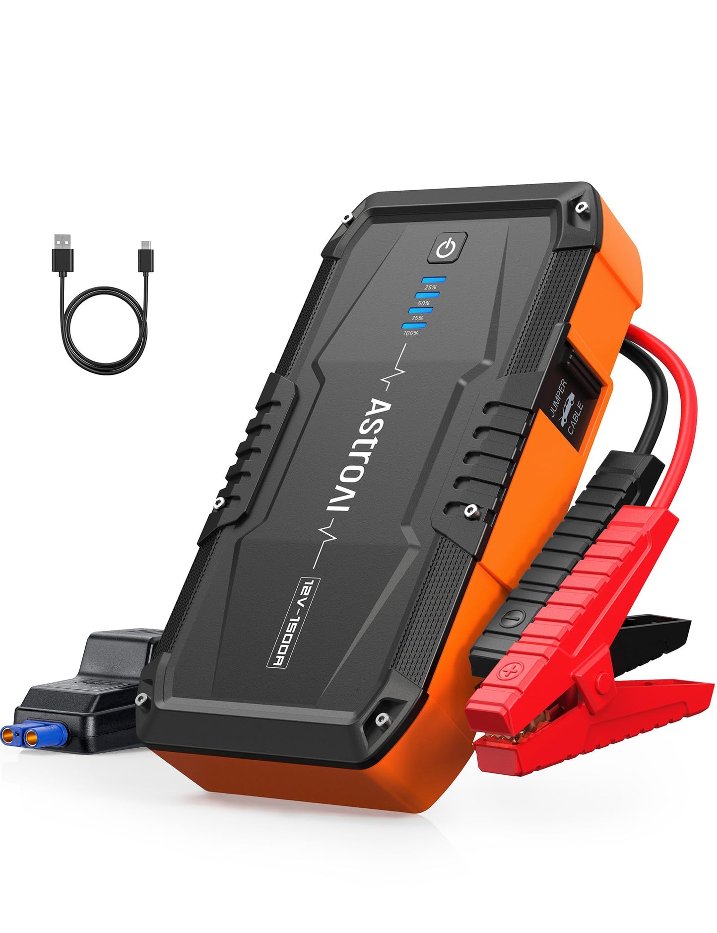 AstroAI Arrancador de Baterias de Coche 1500A 12V con Cargador de Pared para Motores de Gasolina de hasta 6,0L y Motores Diesel de hasta 3,0L con 3 Modos de Luz y Cable de Arranque