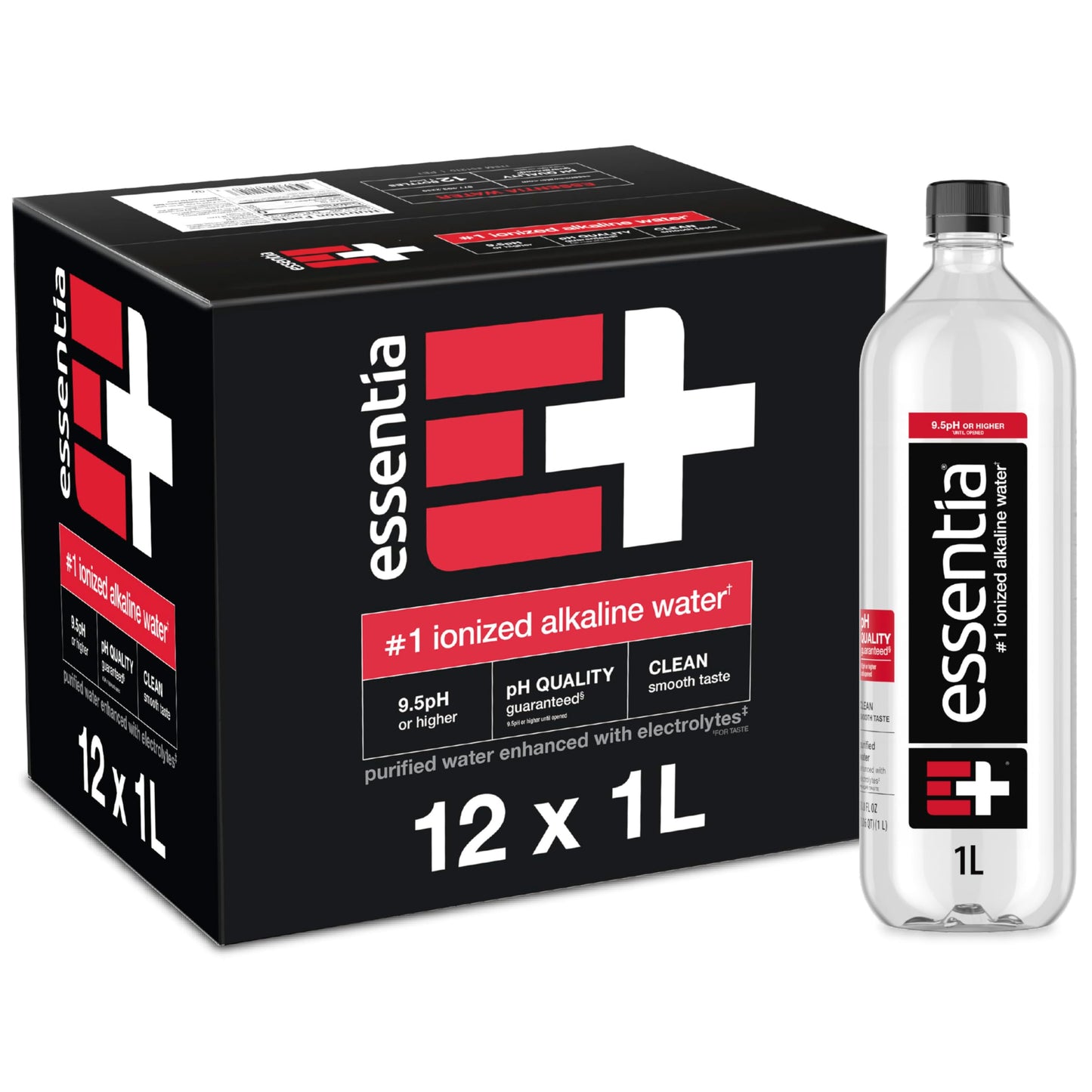 Essentia Water Embotellado, 99,9% puro, infundido con electrolitos para un sabor suave, pH 9,5 o superior, 12 botellas de 1 litro