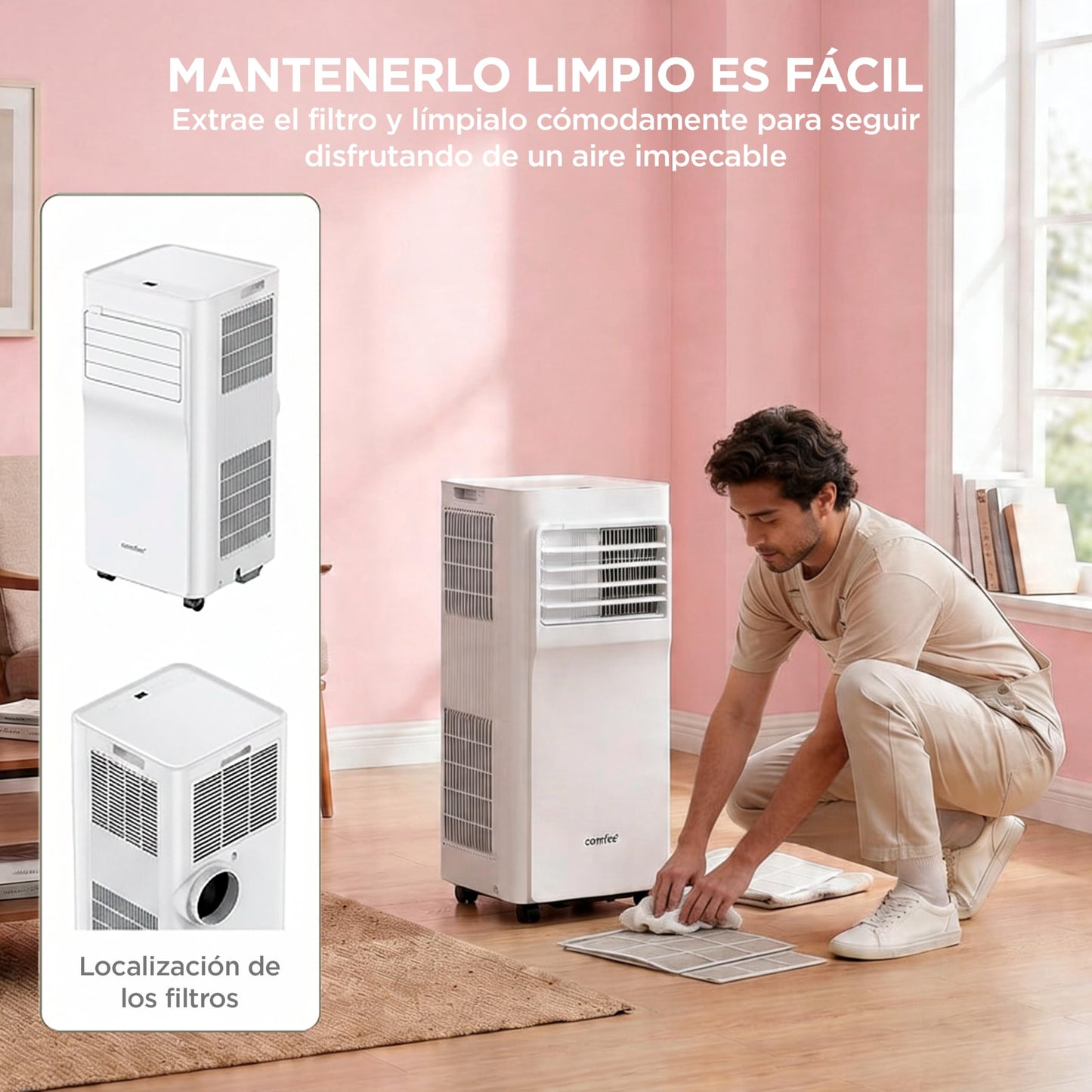 COMFEE Pingüino Aire Acondicionado Portátil 3 en 1 | 9000 BTU/2250 Frigorías Con App + Mando a Distancia | Climatizador y Deshumidificador | Bajo Consumo | Función Follow Me | Incluye kit de ventana