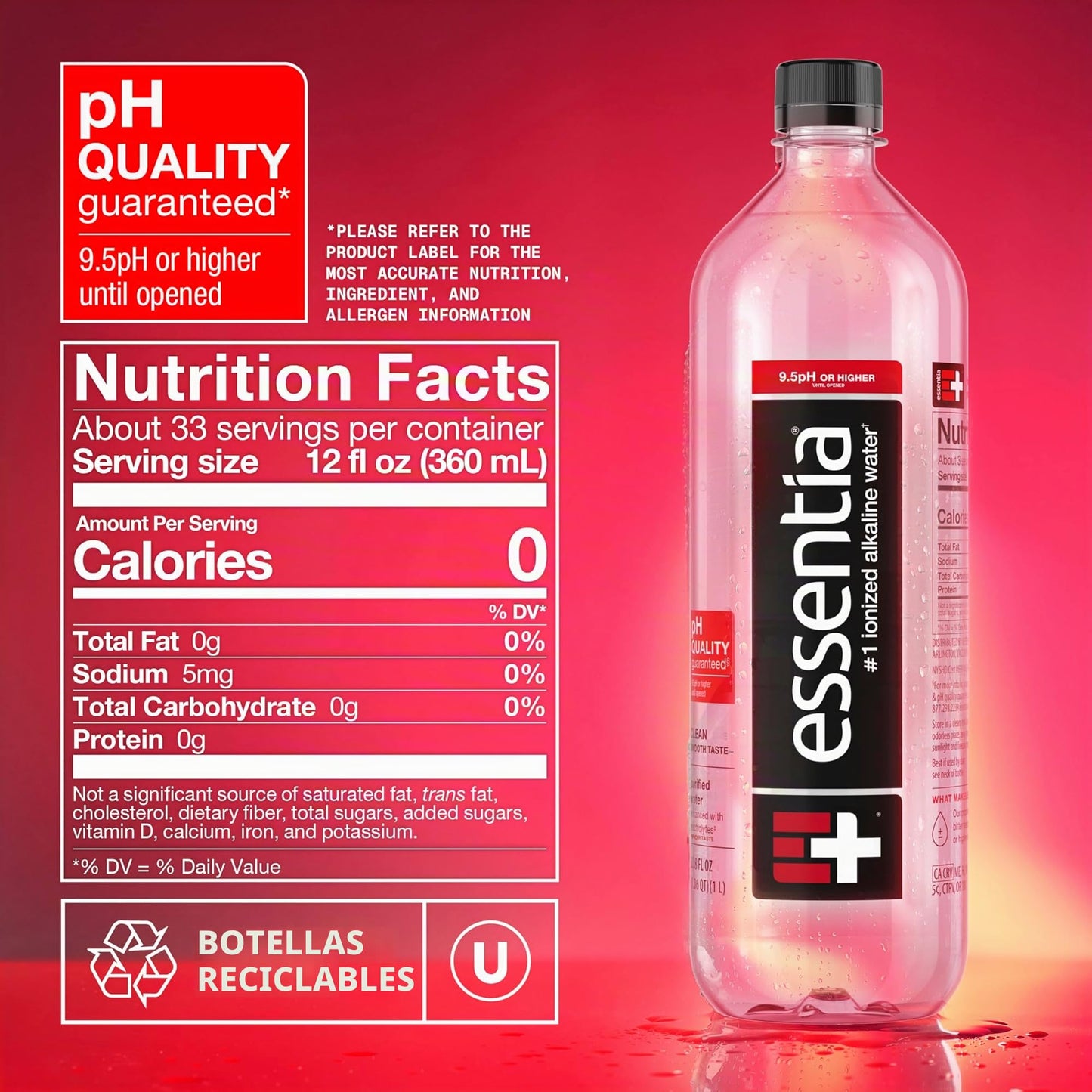 Essentia Water Embotellado, 99,9% puro, infundido con electrolitos para un sabor suave, pH 9,5 o superior, 12 botellas de 1 litro