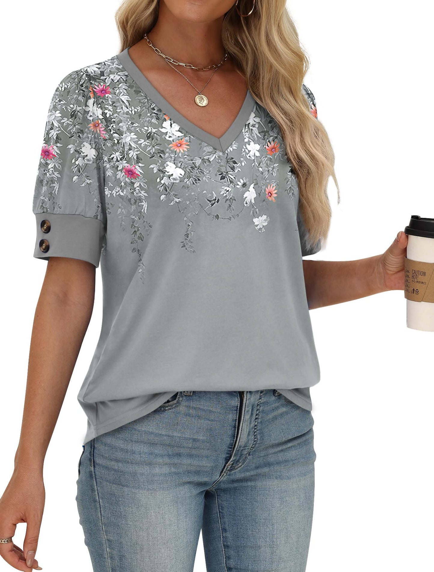 OFEEFAN Camisetas de manga corta para mujer, con botones, cuello en V, para primavera, verano, tallas grandes, blusas elegantes e informales, Z-floral gris, XL