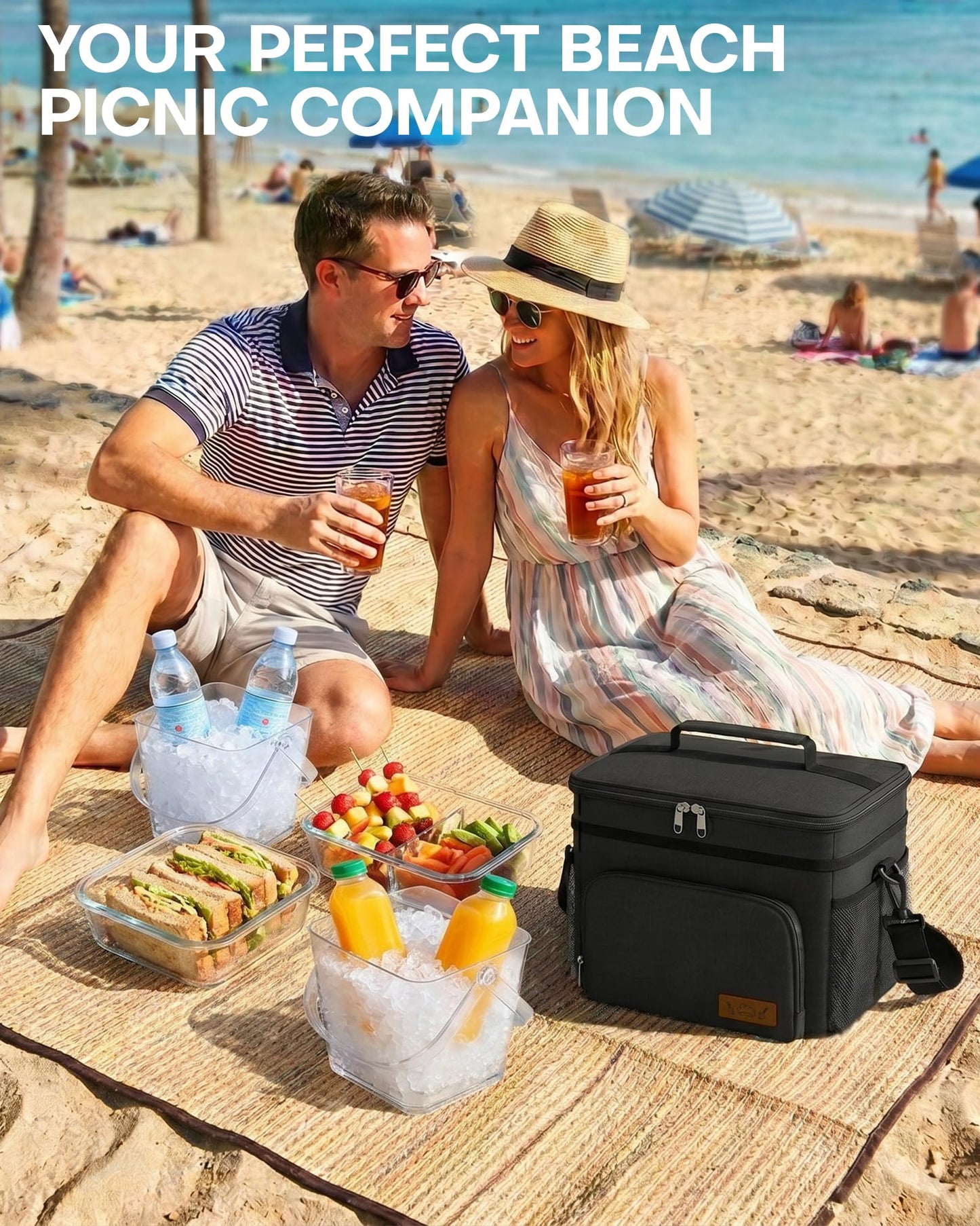HOTOR Lonchera aislada para hombres y mujeres, bolsa de almuerzo a prueba de fugas con 4 bolsillos, correa ajustable, ideal para el trabajo, picnic, viajes, mediano, negro, 10.2 x 6.9 x 8.5 pulgadas