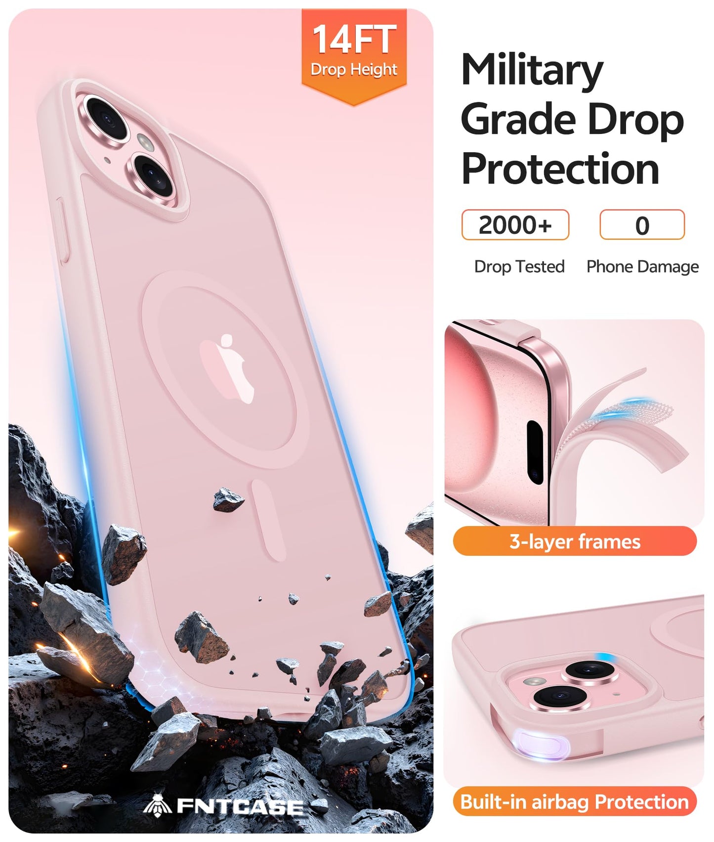 FNTCASE Funda magnética para iPhone 15: iPhone 15 Funda Protectora Transparente Mate Militar anticaídas antiamarilleamiento – Carcasa Robusta Duradera Resistente a los Golpes Fina (Rosa/6,1 Pulgadas)