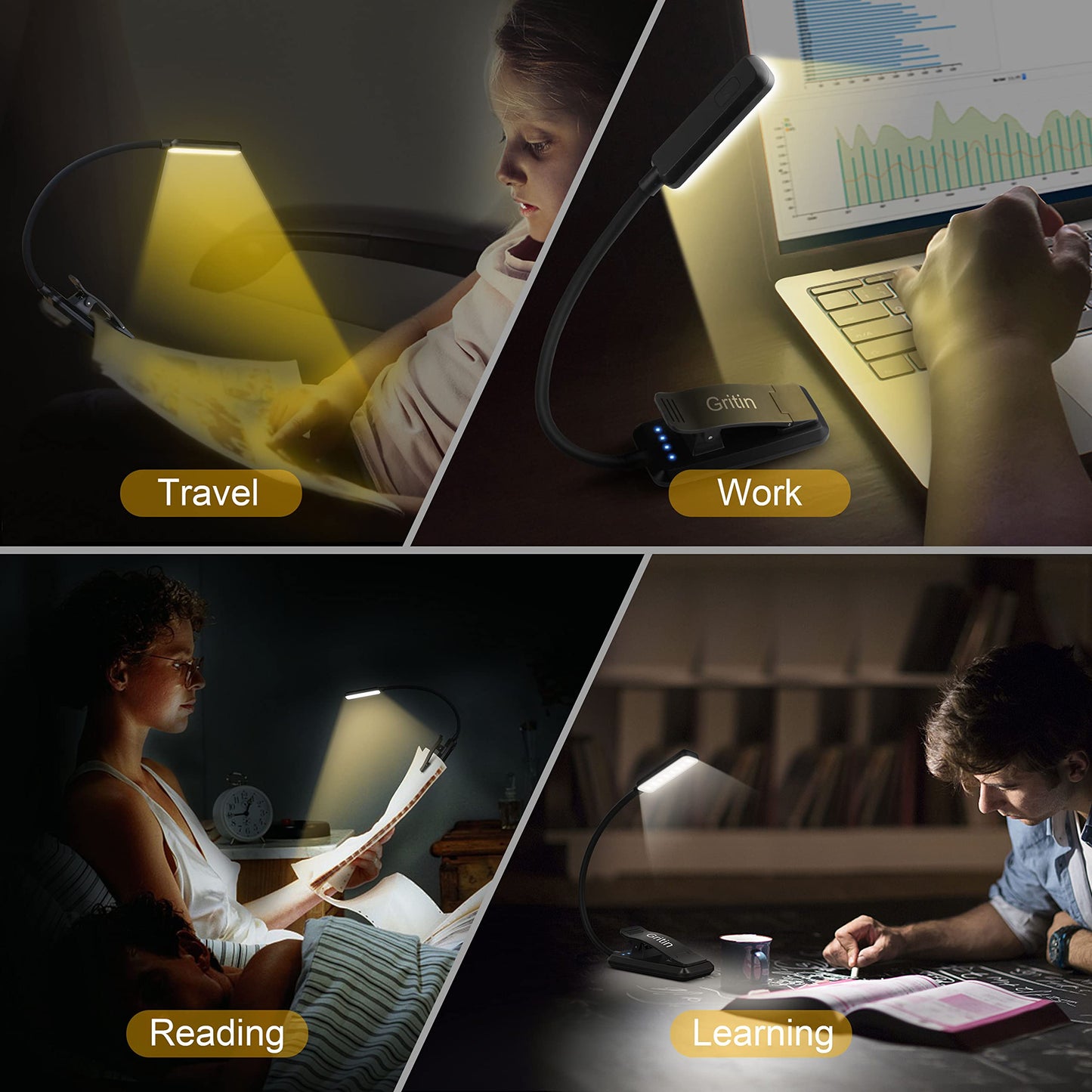 Gritin Luz de Lectura Recargable, Lampara Libro de Lectura con 9 LED
