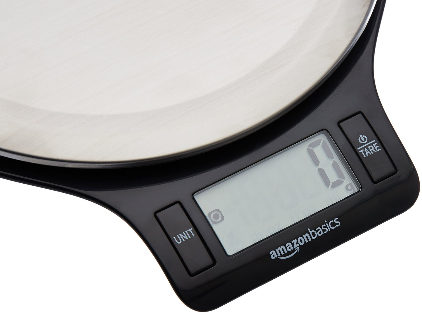 Amazon Basics Báscula de Cocina Digital con Pantalla LCD, sin bisfenol A (BPA), de Acero Inoxidable (Pilas Incluidas), Pesa hasta 11 Libras, Negro