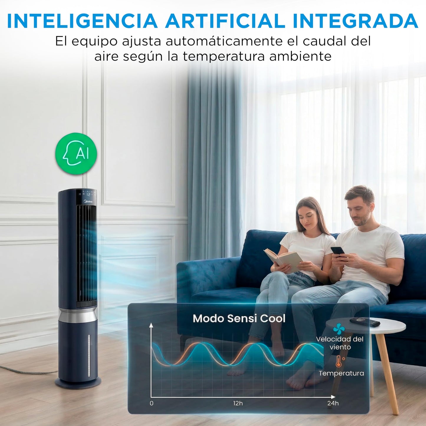 MIDEA Climatizador Evaporativo Portátil 3 en 1 Capacidad 7L y Mando a Distancia | Ventilador de Agua, Enfriador de Aire, Humidificador, 6 Velocidades, 5 Modos, Temporizador 12H, Oscilación 85º, con IA