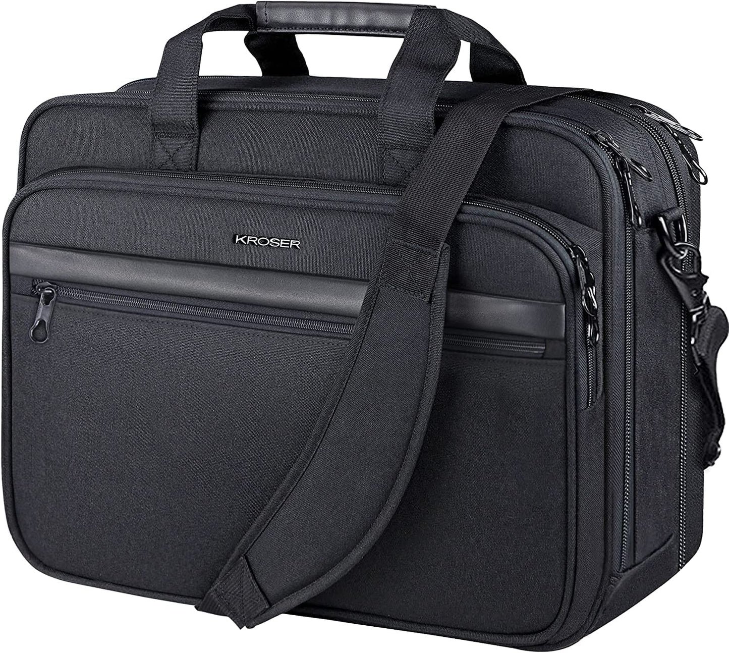 KROSER 18" Bandolera para Portátil Maletín Premium para Laptop hasta 17.3" Expandible Hidrófugo Bolsa del Hombro Bolsa de Computadora para Viajes/Negocios/Escuela/Hombres/Mujeres-Negro