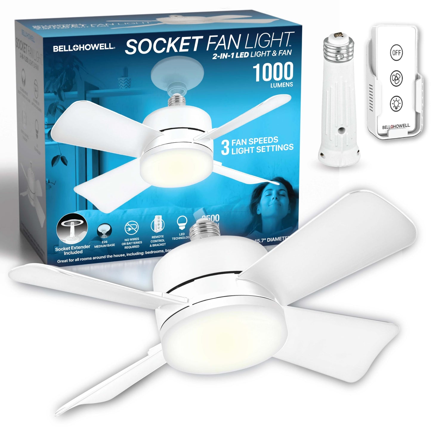 Bell+Howell Socket Breeze 15.4 pulgadas, modelo Deluxe de 5 velocidades, ventiladores de techo de perfil bajo con luces y control remoto, para recámara, cocina, sala de estar