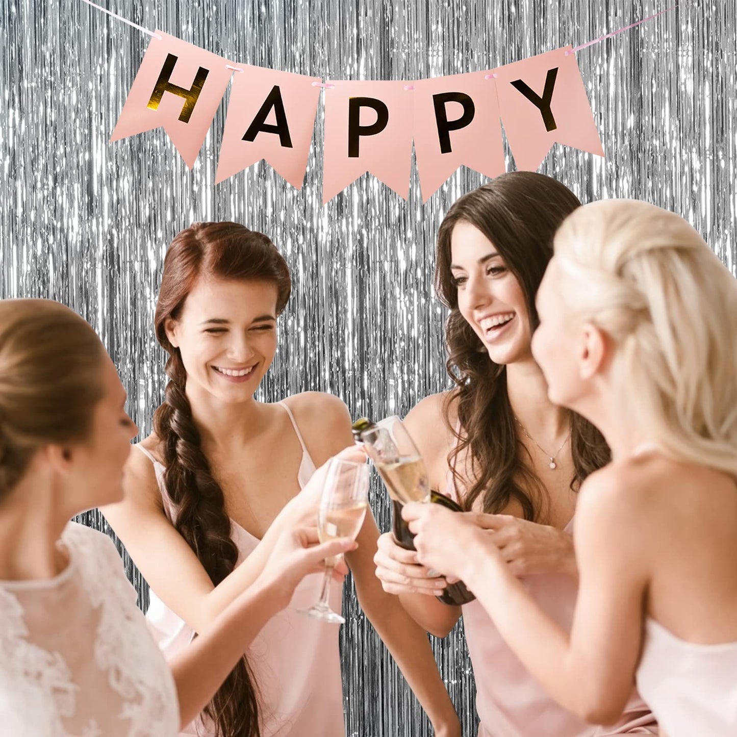Paquete de 2 Cortinas de Papel de Aluminio con Flecos metálicos Plateados, Accesorios para Cabina de Fotos para cumpleaños, Boda, Compromiso, Baby Shower, Despedida de Soltera, Navidad, celebración,