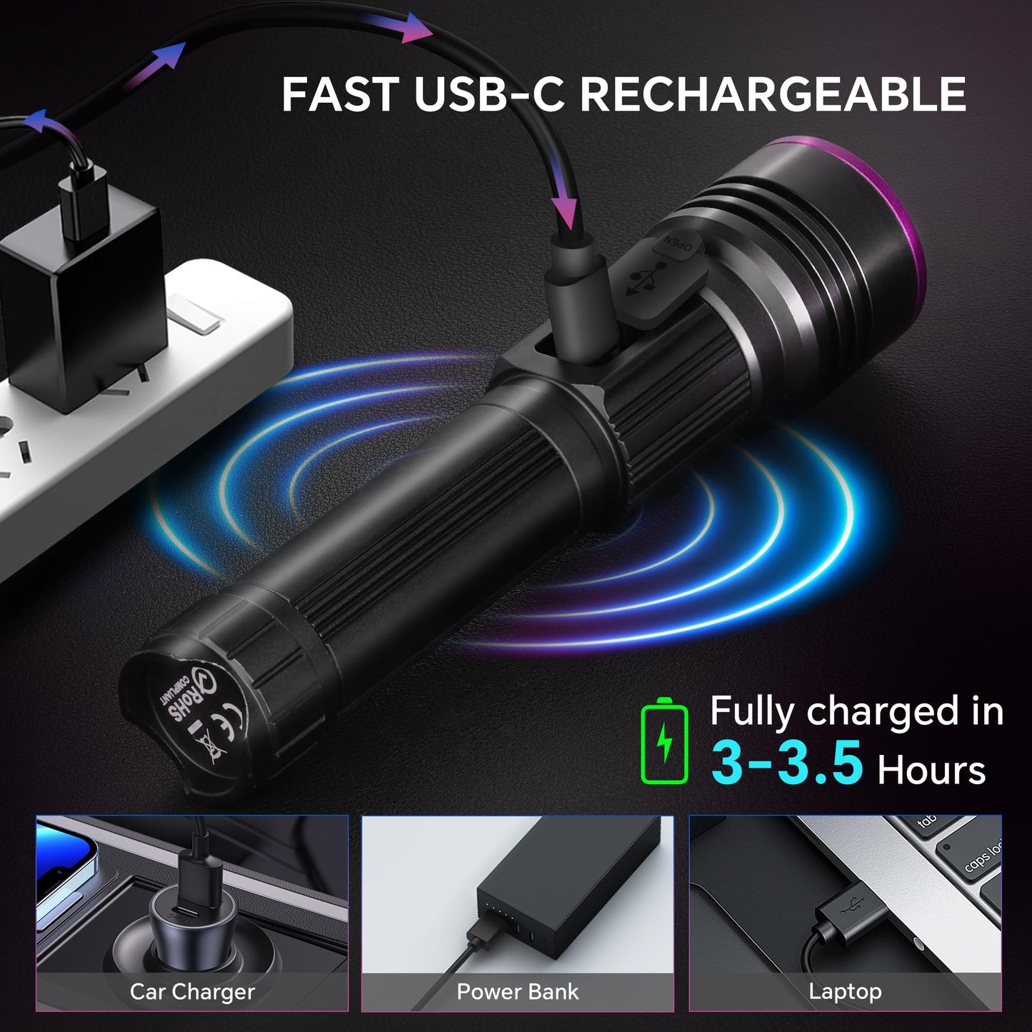 Dokhbem - Linterna de luz negra, 365 nm recargable con visualización LCD, potentes luces ultravioleta para detección de orina de mascotas, curado de resina, seguimiento de sangre, escorpión, vidrio de