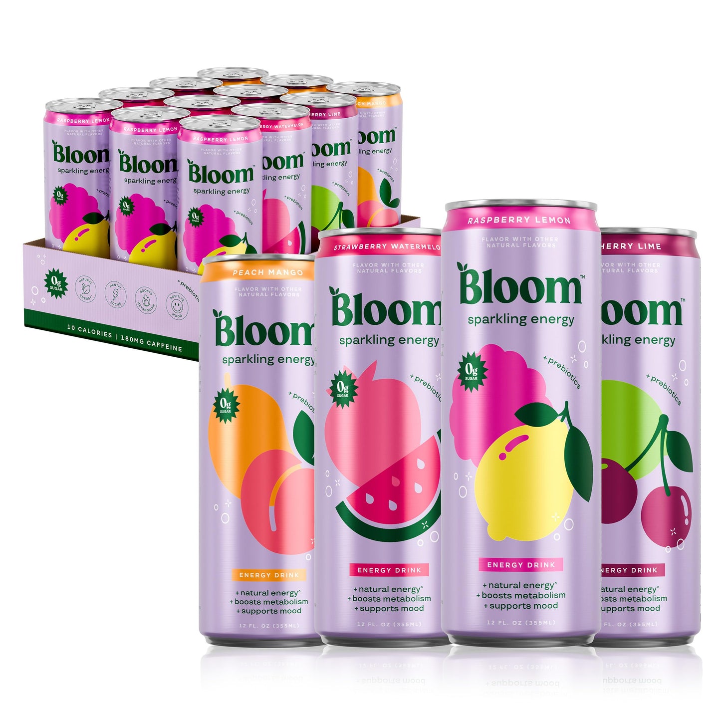 Bloom - Bebida energética espumosa – Cafeína natural, sin azúcar, 180 mg de cafeína – Rica en antioxidantes con grano de café verde, extracto de té verde, prebióticos – Bebida de bienestar para