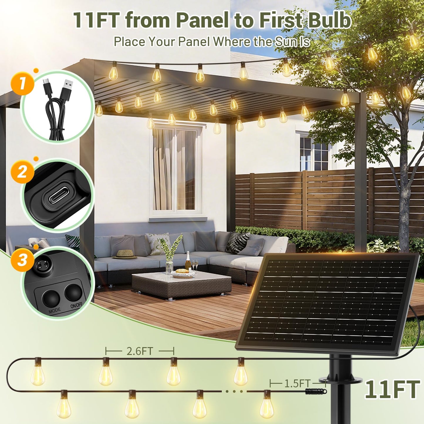 Amzrap Guirnalda de luces solares de 200 pies para exteriores, impermeable, 72 + 2 bombillas LED, funciona con energía solar con control remoto y puerto USB, 3 modos de luz, regulables, conectables