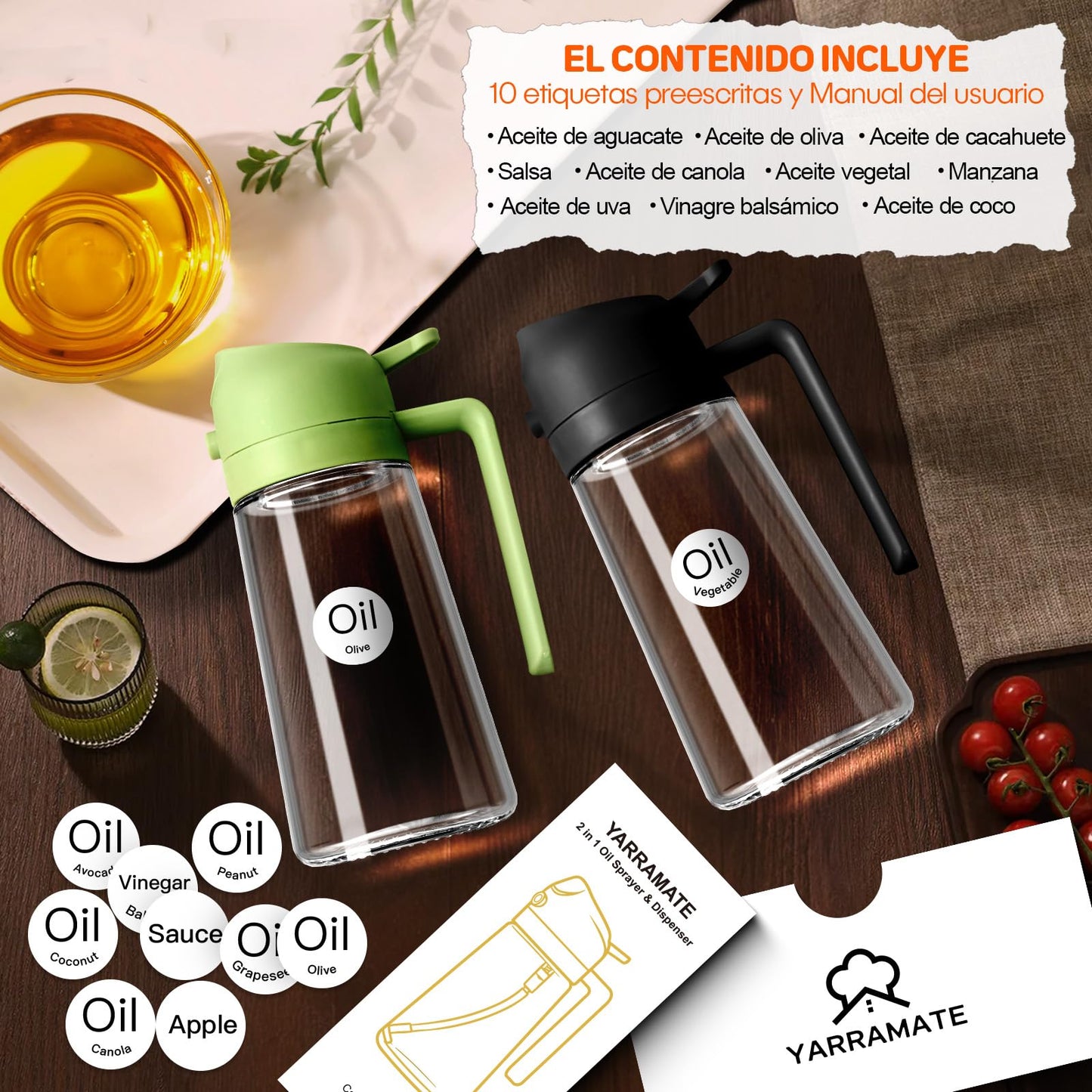 YARRAMATE Pulverizador de Aceite para Cocinar, Botella Dispensadora de Aceite de Oliva 2 en 1 para Cocina, Botella de Aceite de Vidrio de 17 oz/470 ml para Freidora de Aire, Barbacoa (Negra)