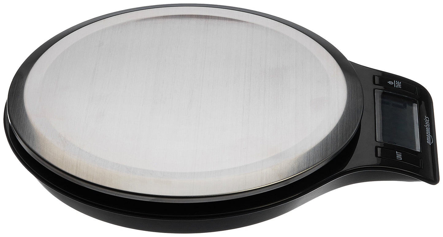 Amazon Basics Báscula de Cocina Digital con Pantalla LCD, sin bisfenol A (BPA), de Acero Inoxidable (Pilas Incluidas), Pesa hasta 11 Libras, Negro