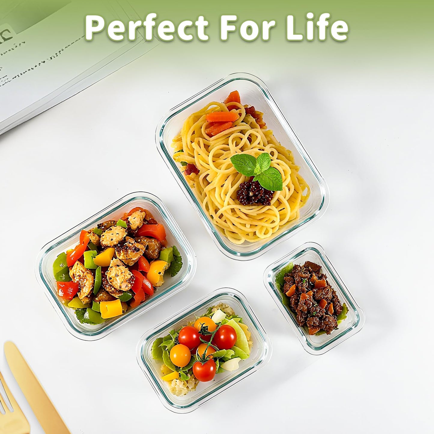 HOMBERKING Paquete de 8 recipientes de vidrio para almacenamiento de alimentos con tapas, recipientes de preparación de comidas, cajas bento herméticas con bloqueo a prueba de fugas para microondas,