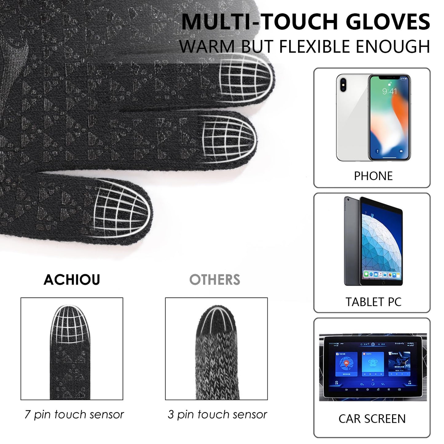 Achiou - Guantes de invierno para hombres y mujeres, aptos para uso con pantalla táctil, guantes cálidos con forro de punto suave térmico, puños elásticos, 3 tamaños para elegir, Negro, M