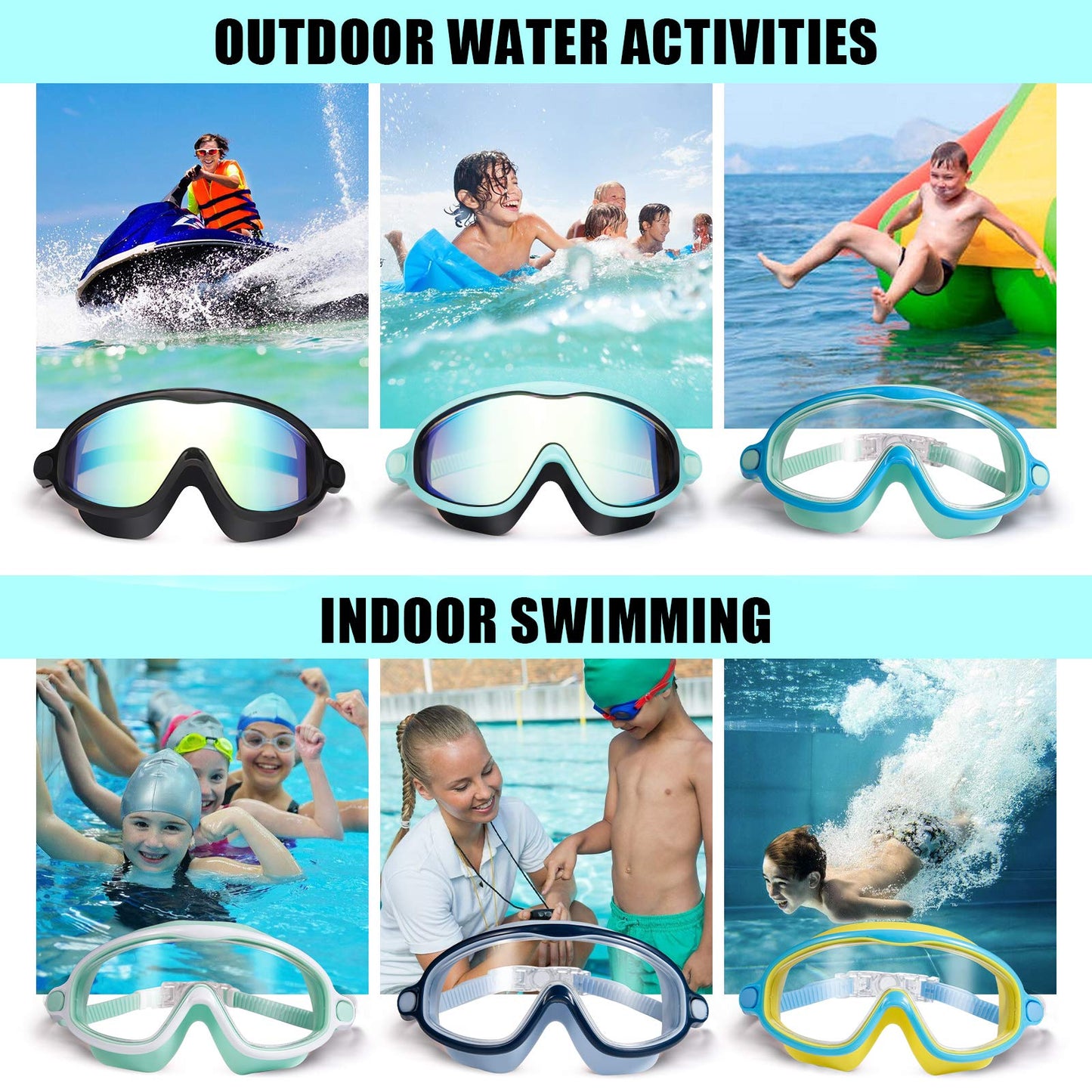 Gafas de natación para niños, 2 unidades, sin fugas, antivaho, visión amplia, protección UV, cristal transparente, impermeables, espejados, adecuados para niños y niñas de 3 a 15 años
