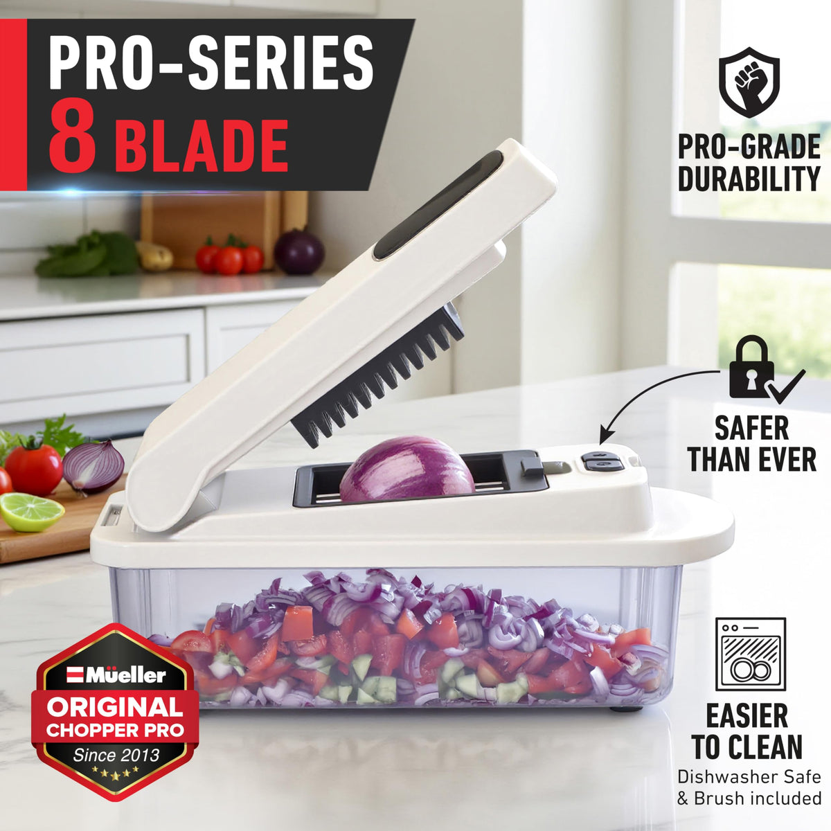 Mueller Austria Pro-Series - Cortador con 8 cuchillas para huevo, cebolla, verduras, etc., con contenedor.