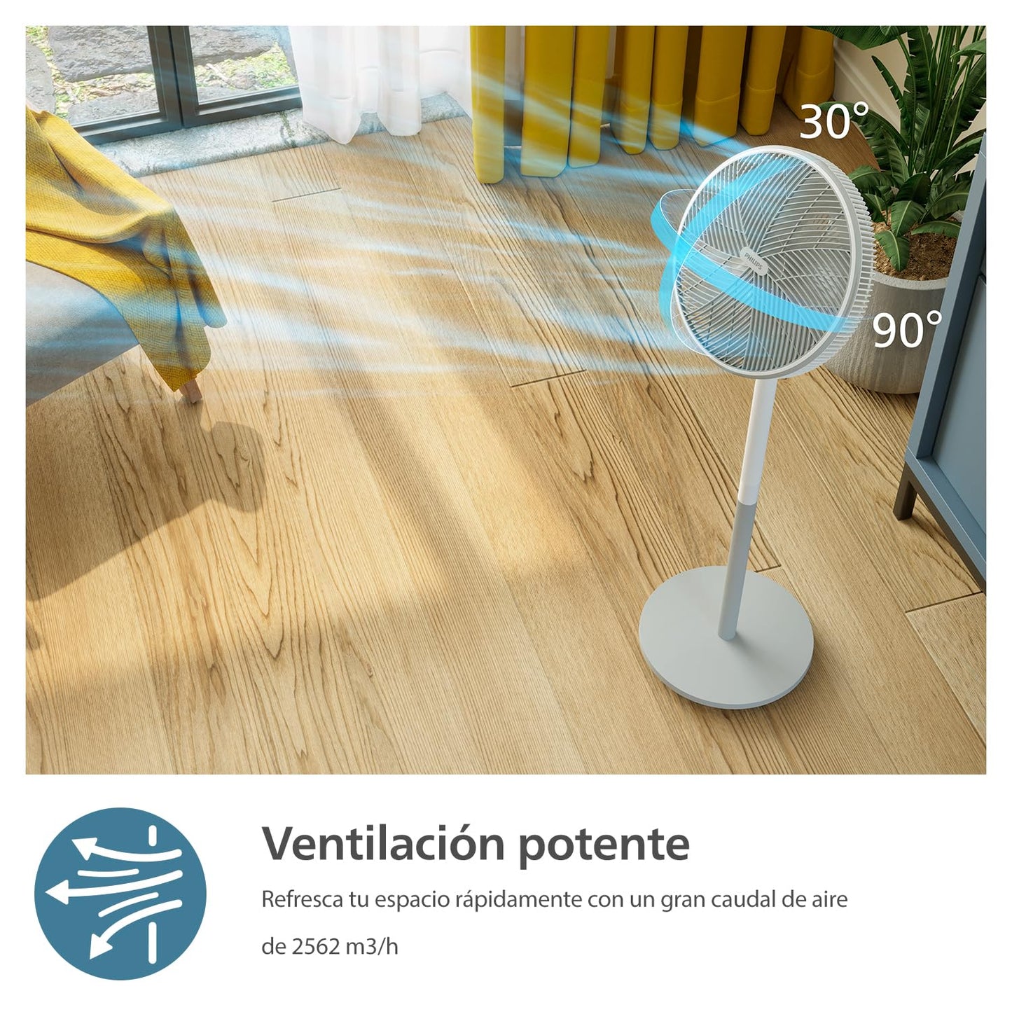 PHILIPS Serie 2000 Ventilador de pedestal. Ultrasilencioso con tecnología SilentWings. 19 dB. Ventilador de pie y de sobremesa 2 en 1. Inclina y oscila. Temporizador de 12h. Blanco. (CX2550/00)