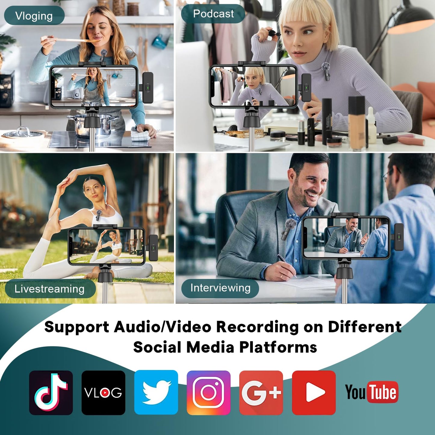 MAYBESTA Mini micrófono inalámbrico para iPhone, teléfono Android, micrófono de solapa Bluetooth para grabación de audio y video, micrófonos de creación de contenido con clip para YouTube Tiktok