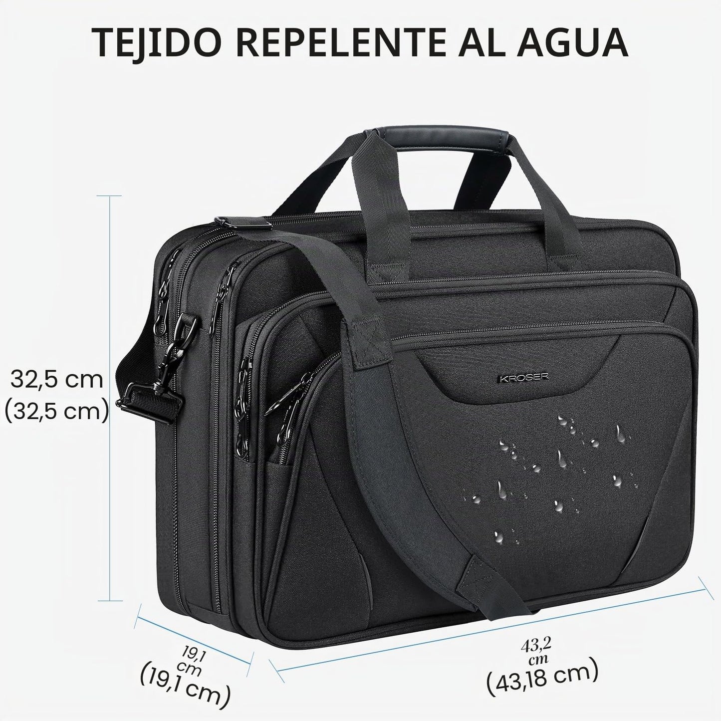 KROSER 18" Bandolera para Portátil Maletín Premium para Laptop hasta 17.3" Expandible Hidrófugo Bolsa del Hombro Bolsa de Computadora para Viajes/Negocios/Escuela/Hombres/Mujeres-Negro