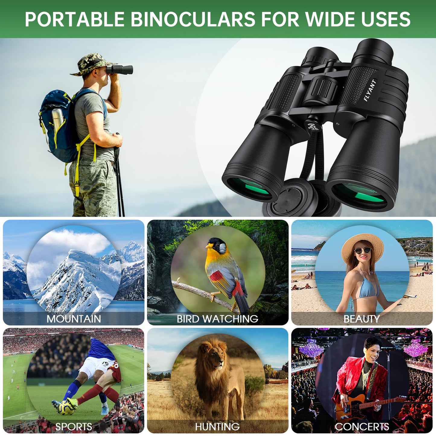 Prismáticos de alta potencia de 20 x 50 para adultos, impermeables, compactos, con visión de poca luz, para observación de aves, caza, juegos de fútbol, viajes, observación de estrellas, crucero con