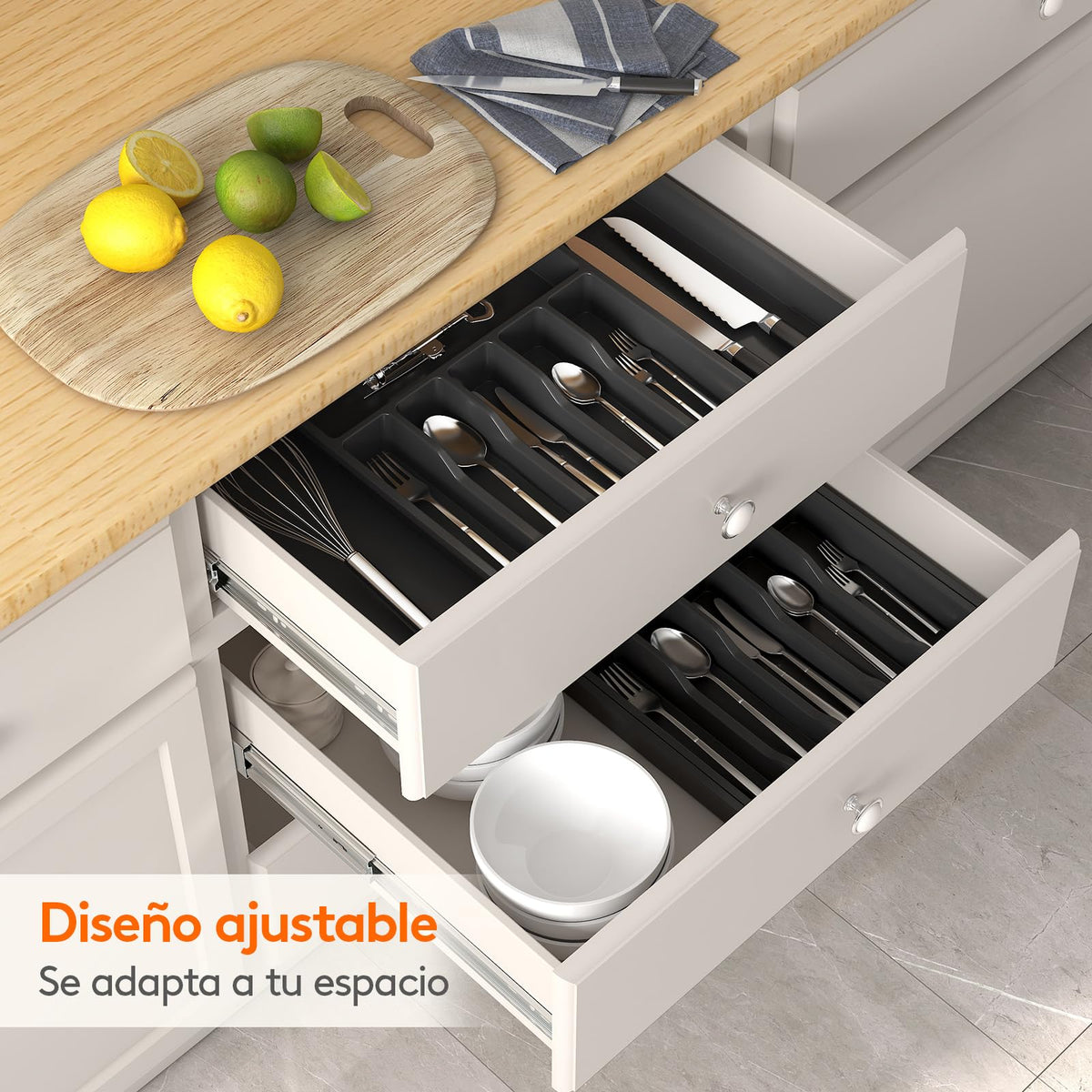 Lifewit Organizador de Cubiertos para Cajón Cocina, Bandeja para Menaje Extensible, Cubertero Compacto para Almacenar Cucharas, Tenedores y Cuchillos, Ancho 33-57 x Fondo 38 cm, Lote 1, Negro