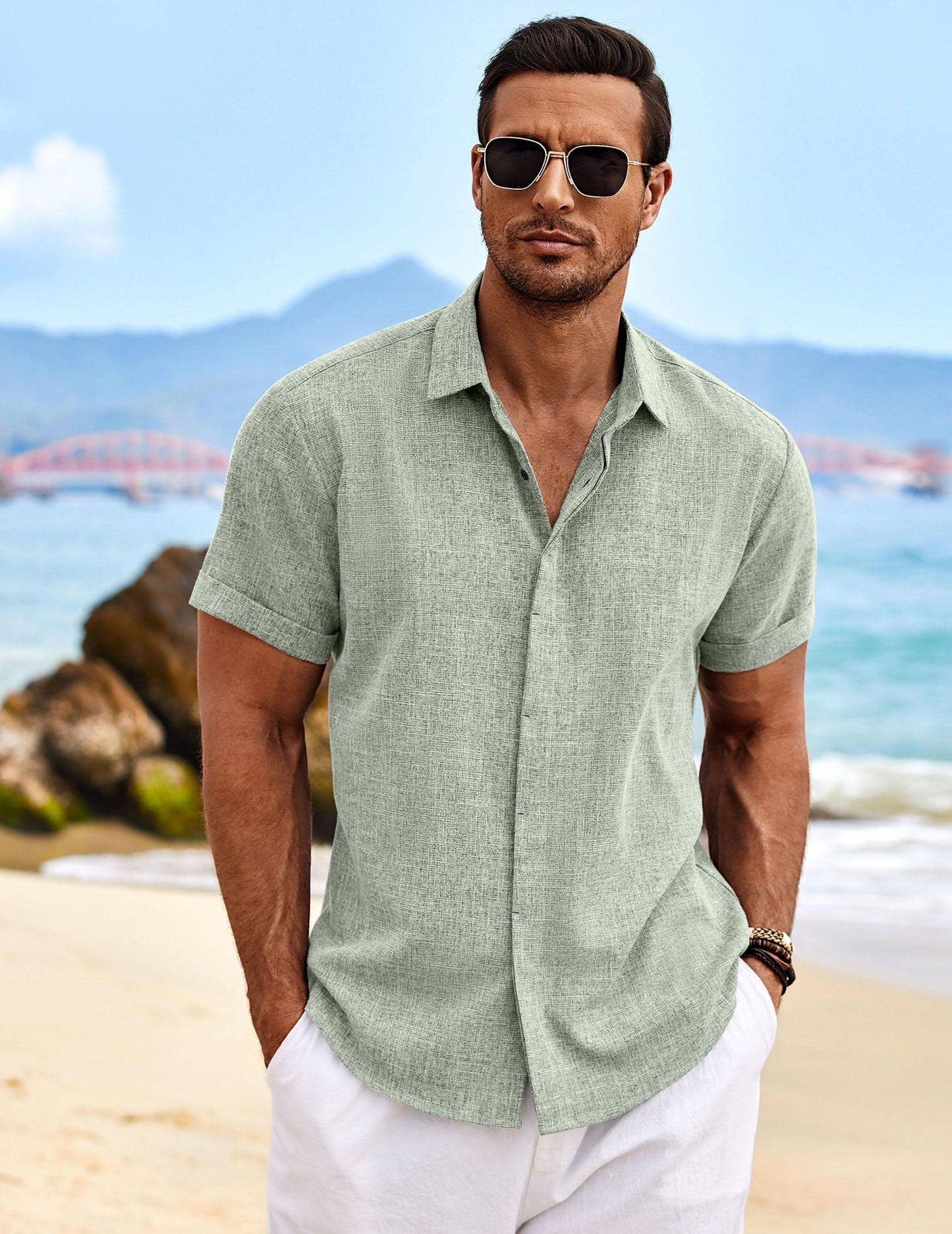 Coofandy Camisas de Lino para Hombre, de Manga Corta, Casuales, con Botones, para Playa, Verano, Boda, Verde Claro, Large