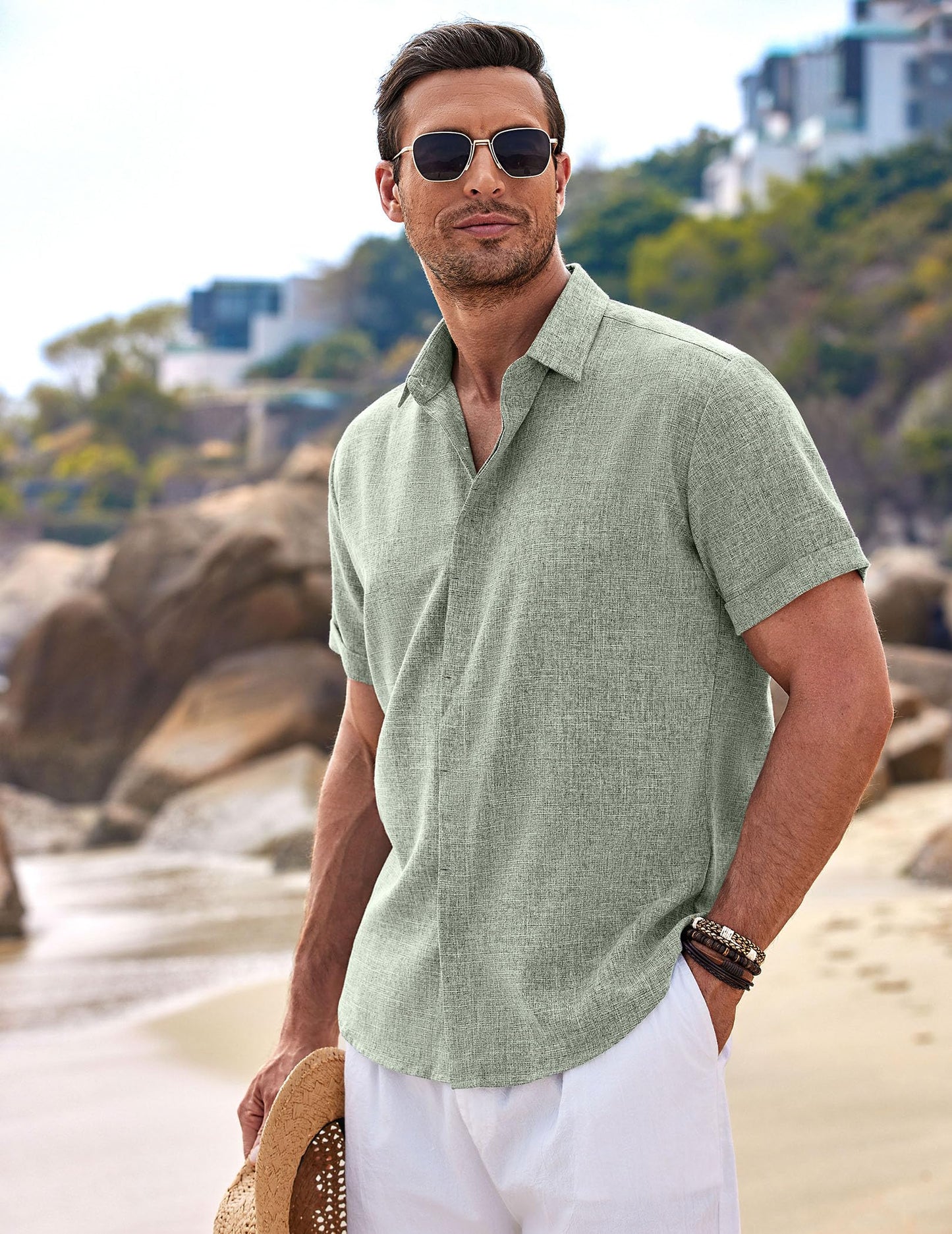Coofandy Camisas de Lino para Hombre, de Manga Corta, Casuales, con Botones, para Playa, Verano, Boda, Verde Claro, Large