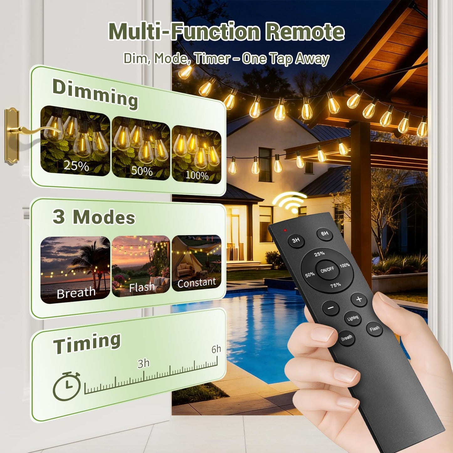 Amzrap Guirnalda de luces solares de 200 pies para exteriores, impermeable, 72 + 2 bombillas LED, funciona con energía solar con control remoto y puerto USB, 3 modos de luz, regulables, conectables