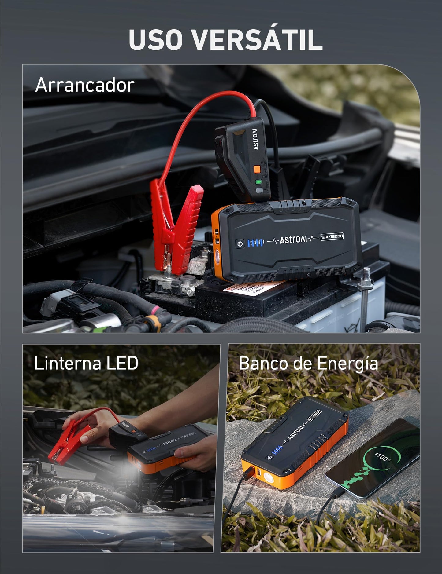 AstroAI Arrancador de Baterias de Coche 1500A 12V con Cargador de Pared para Motores de Gasolina de hasta 6,0L y Motores Diesel de hasta 3,0L con 3 Modos de Luz y Cable de Arranque