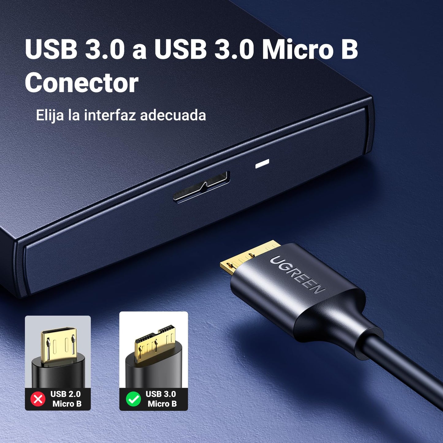 UGREEN Cable USB 3.0 a Micro B 5Gbps Compatible con Galaxy Note S5, Disco Duro Toshiba Canvio Basic, Seagate Backup, Maxtor M3, WD My Passport (0.5 M)