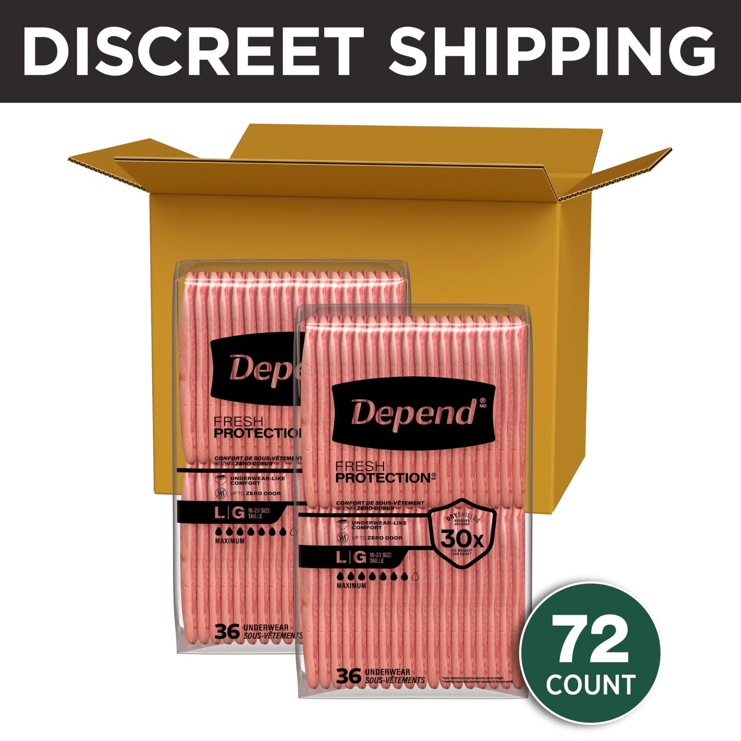 Depend FIT-FLEX Ropa interior de incontinencia para mujeres, máxima absorción, grande, rubor, 72 unidades