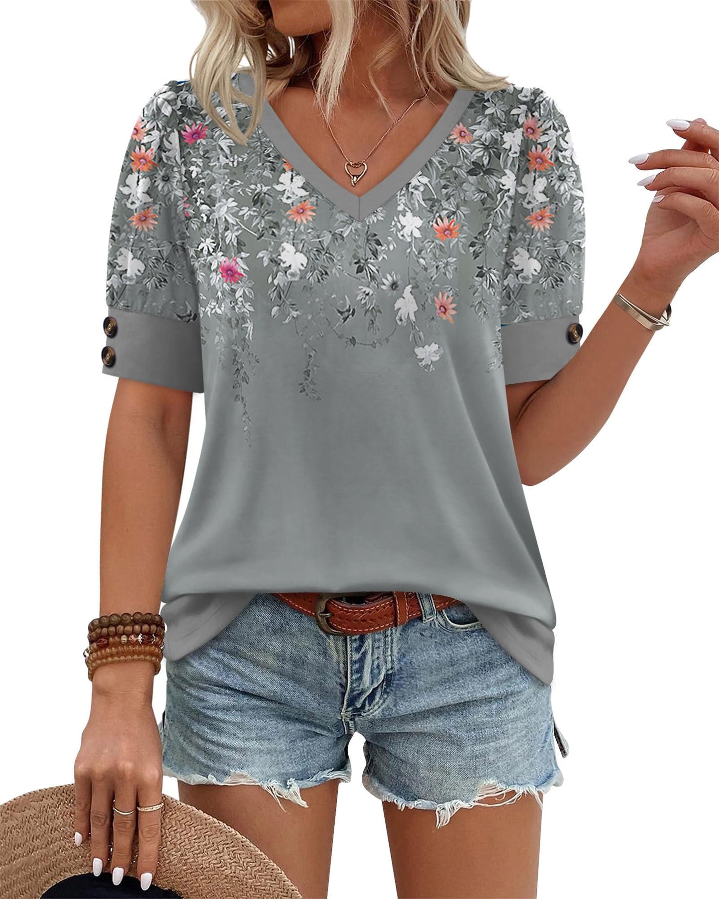 OFEEFAN Camisetas de manga corta para mujer, con botones, cuello en V, para primavera, verano, tallas grandes, blusas elegantes e informales, Z-floral gris, XL
